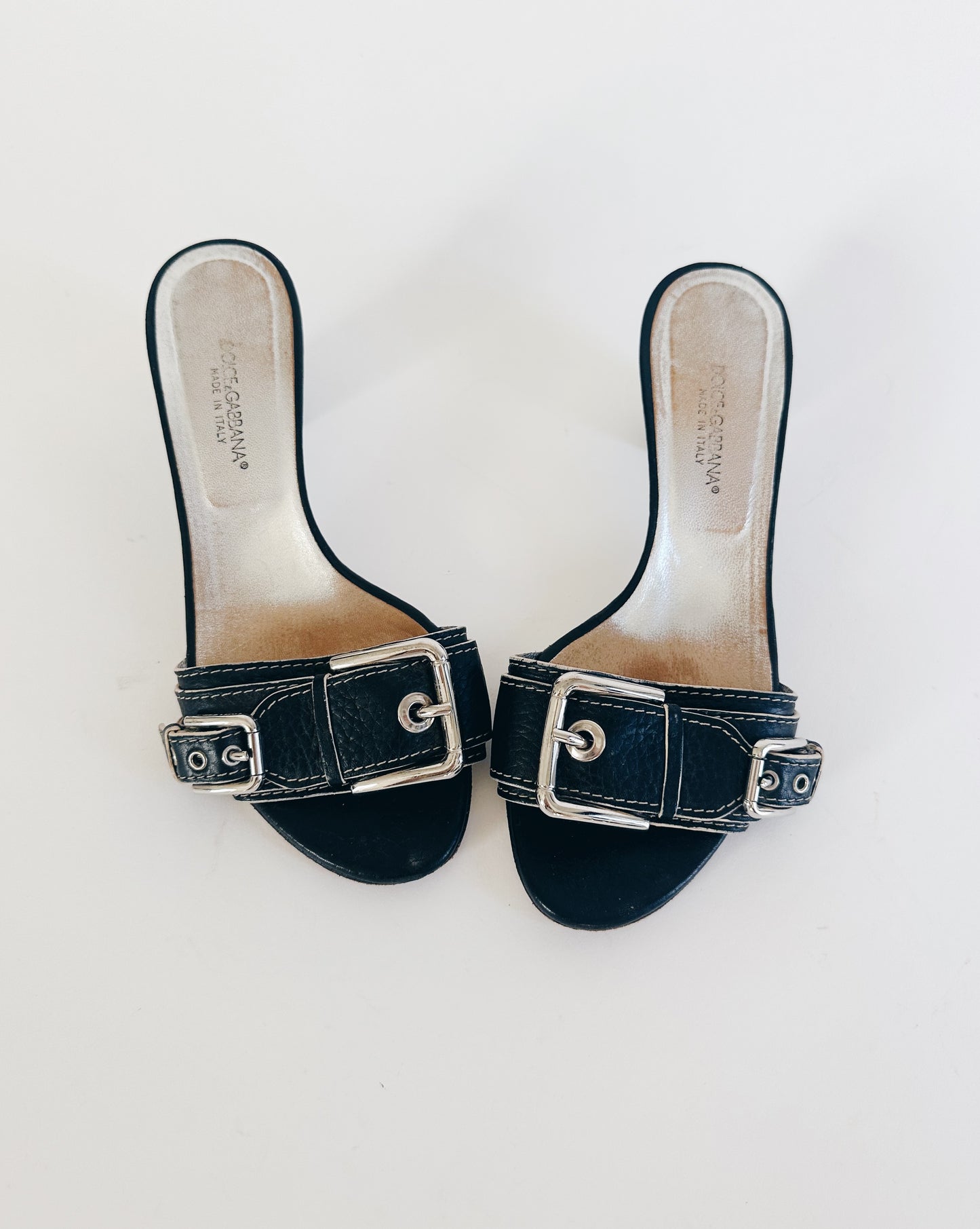 Vintage Dolce & Gabbana Kitten Heel Sandals – Black Leather Buckle Strap Y2K Designer Slip On Heels