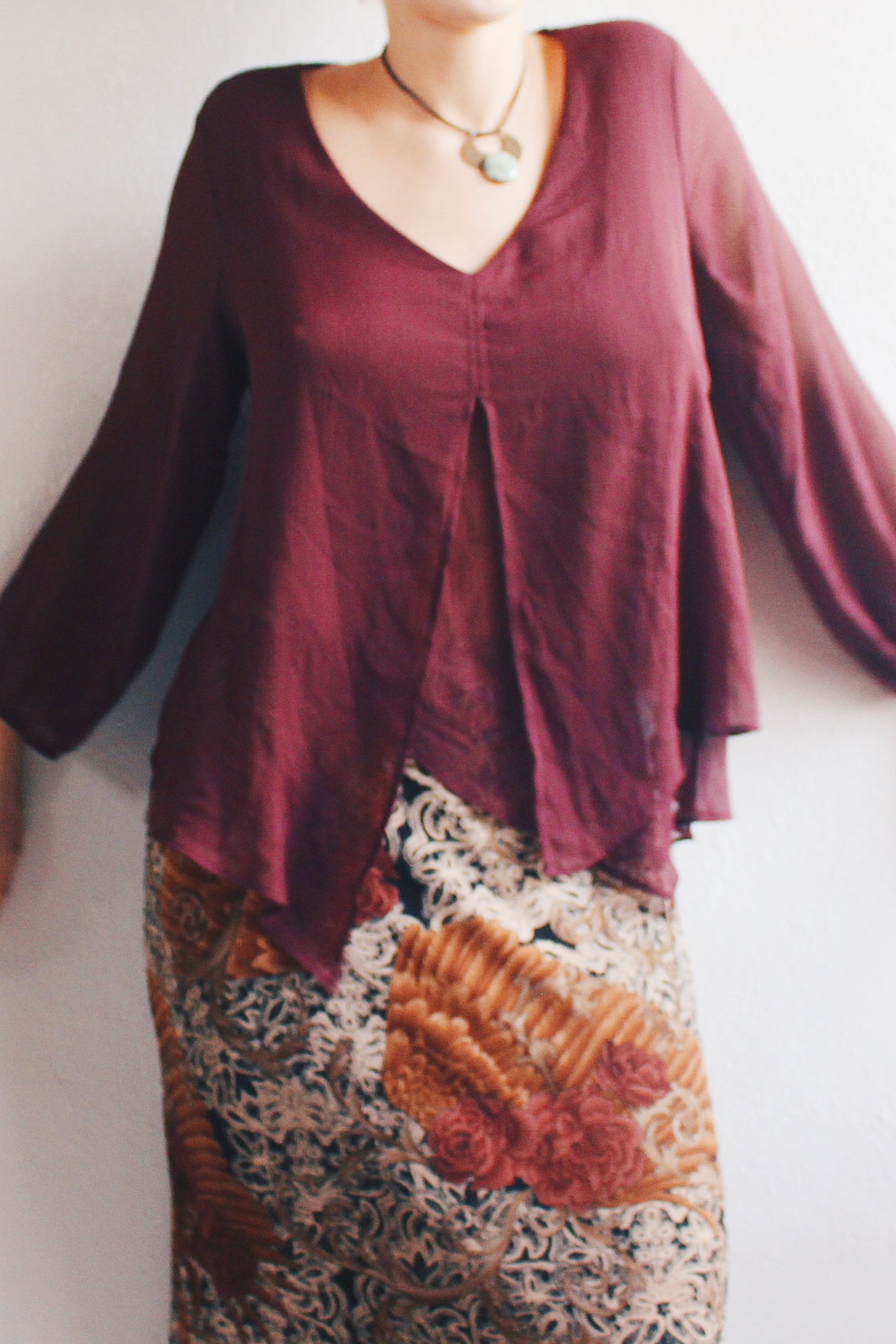 Enchanting Witch Vibes: Burgundy Sheer Asymmetric Top | Eco-Upcycled Fashion