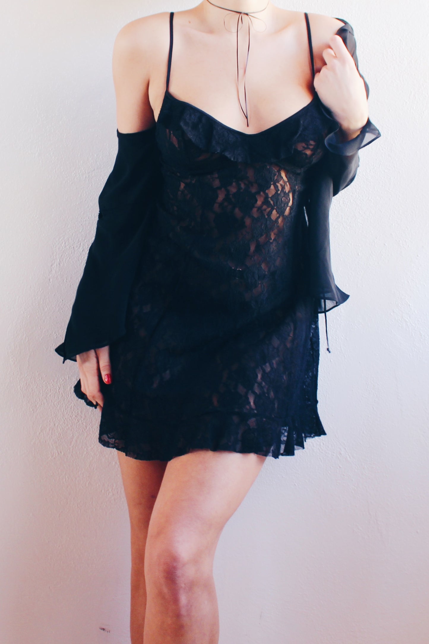 Seductive Black Lace Sheer Mini Dress with Ruffled Bust | Coquette Romantic Style