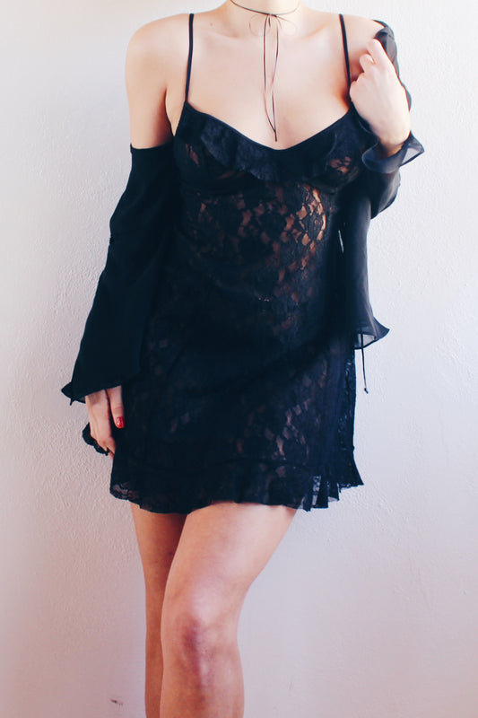 Seductive Black Lace Sheer Mini Dress with Ruffled Bust | Coquette Romantic Style