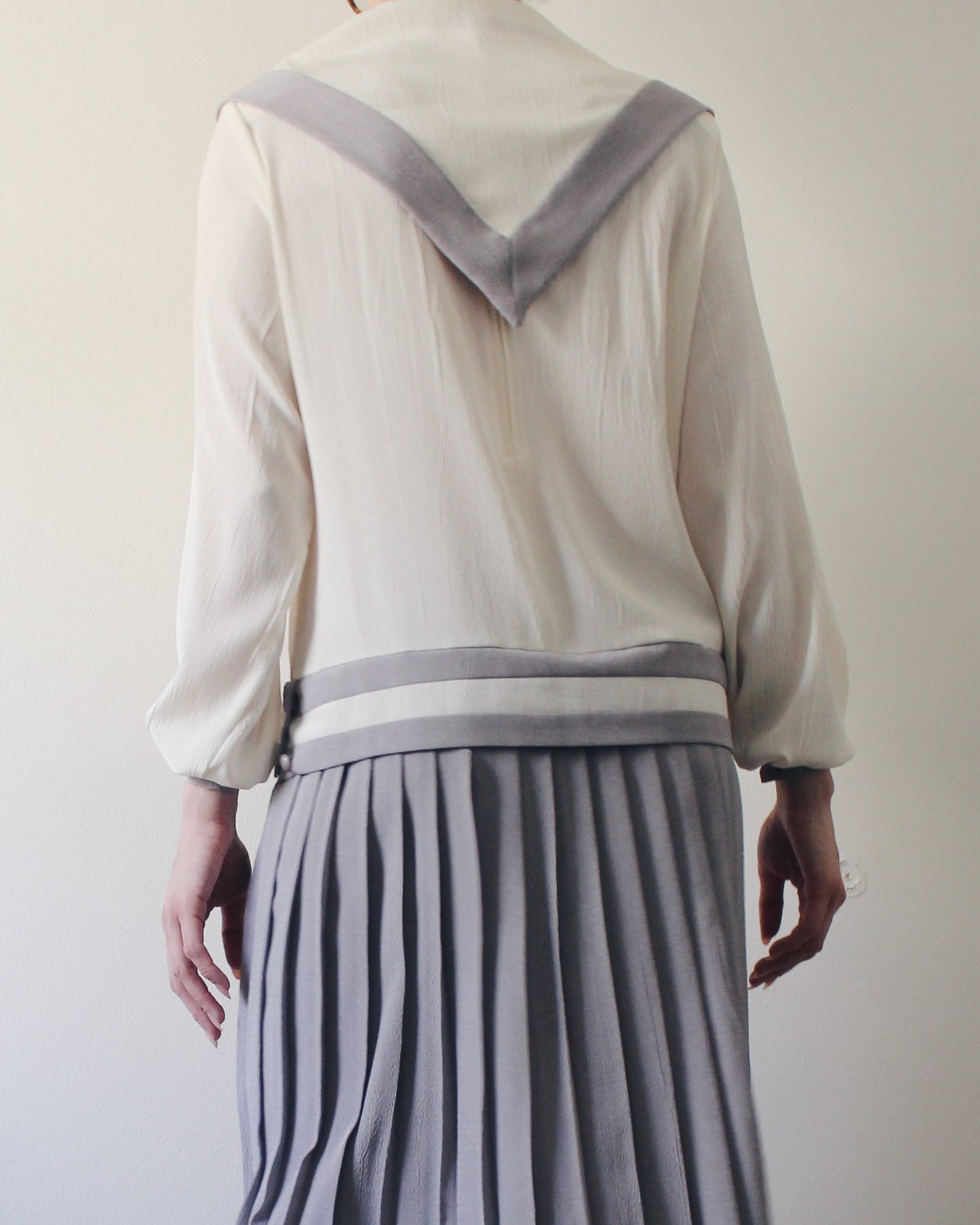 Vintage 1980s Nautical Sailor Dress | Cream Grey Drop Waist Pleated Midi | Scarf Tie Japanese Schoolgirl Preppy Mod Trends Jerrie Lurie