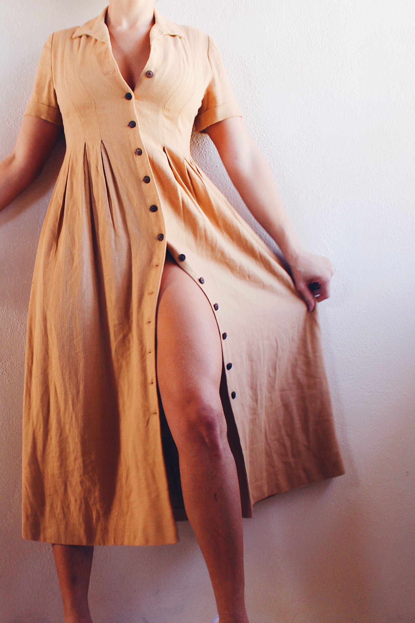 Timeless Linen: 1980s Short Sleeve Minimalist Tan linen-Blend A-Line Dress