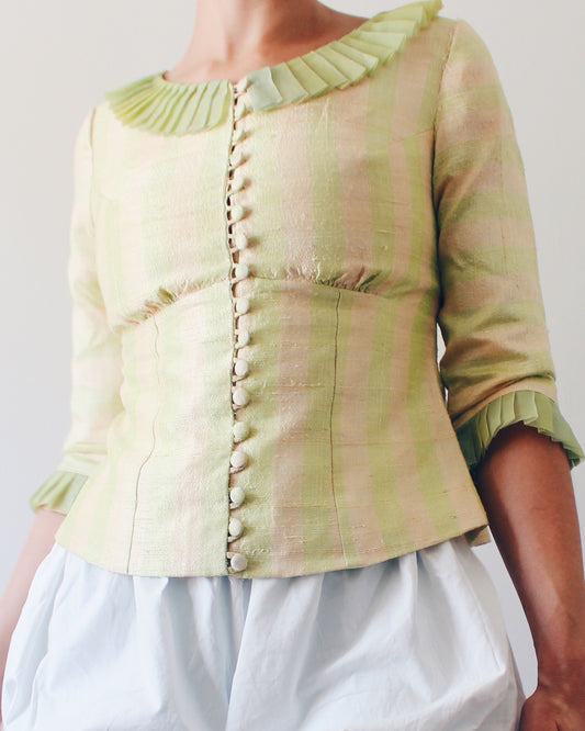 Handmade Green Striped Blouse Medium | Circuscore Empire Waist Pleated Ruffle Top | Whimsigoth Quirky Fairycore Button Up 3/4 Sleeve