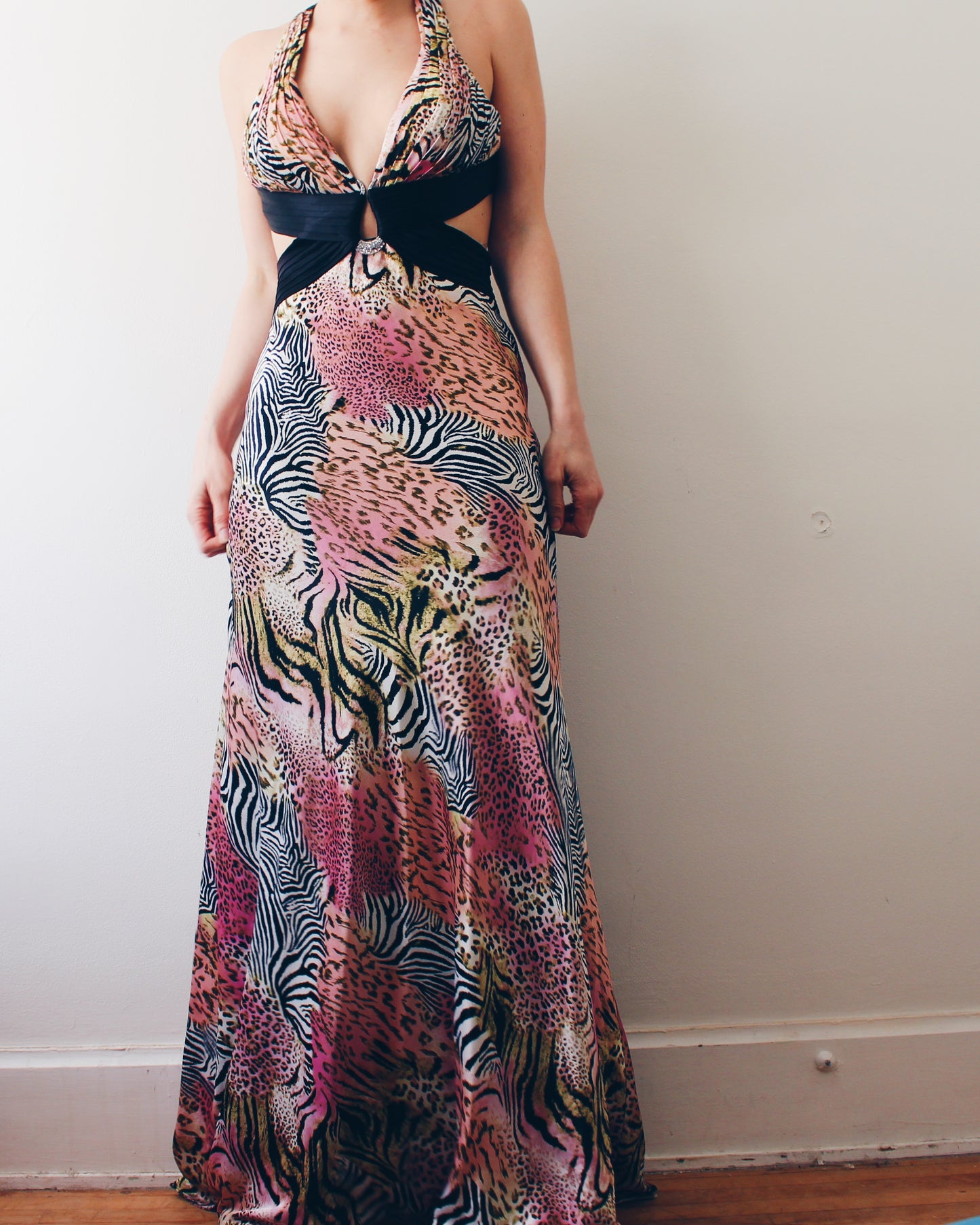 Vintage Y2K Black & Pink Zebra Print Prom Dress – Open Back Animal Print Statement Dress