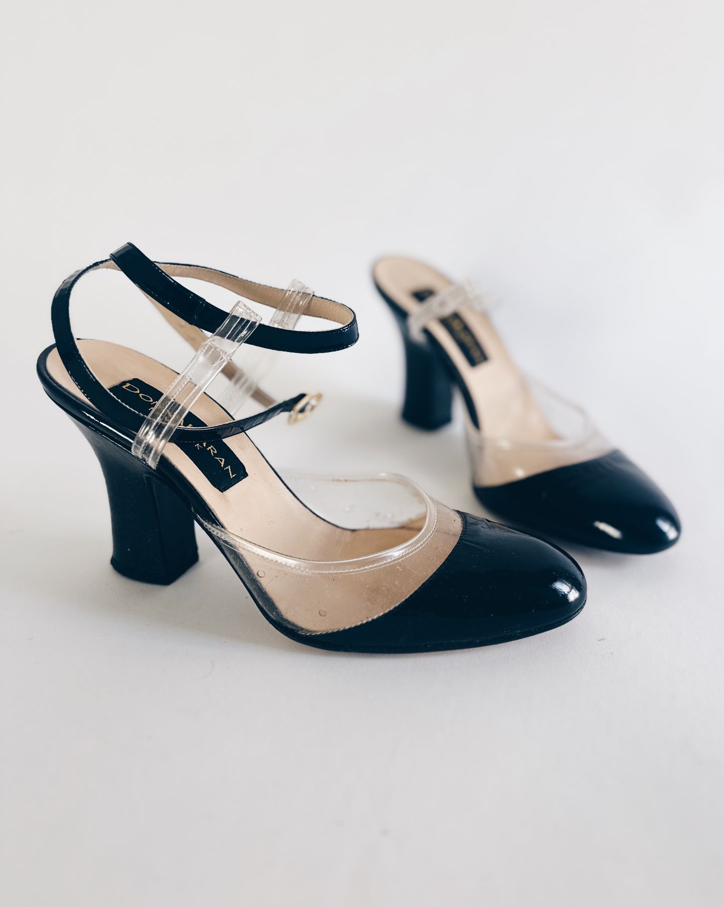Vintage Donna Karan Cap Toe Heels – 90s Y2K Black Leather & Clear PVC Pumps | Detachable Ankle Strap Designer Shoes