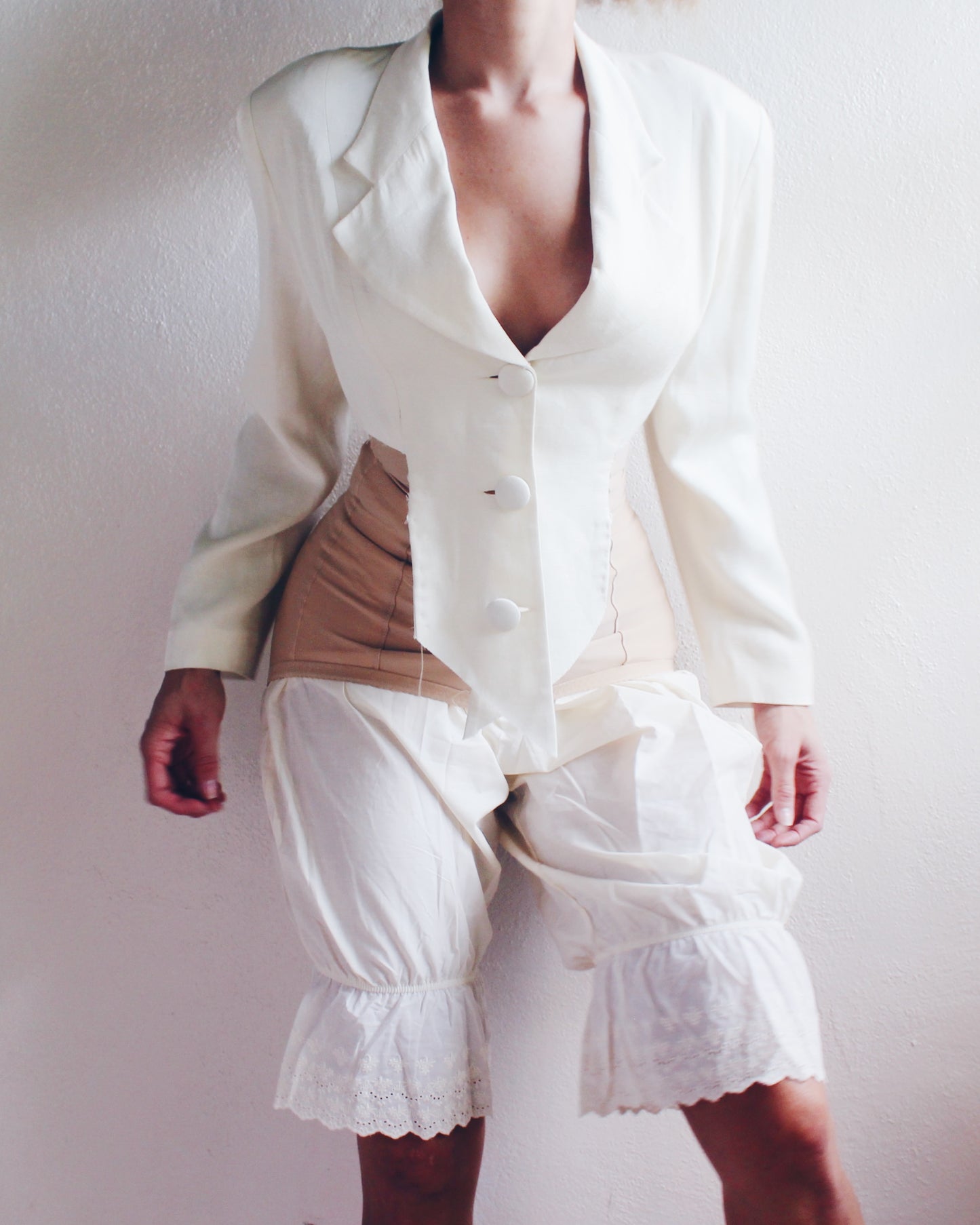 Upcycled Abstract Cropped Cream Vintage Blazer - Minimalist Corporate Officecore Grunge Style