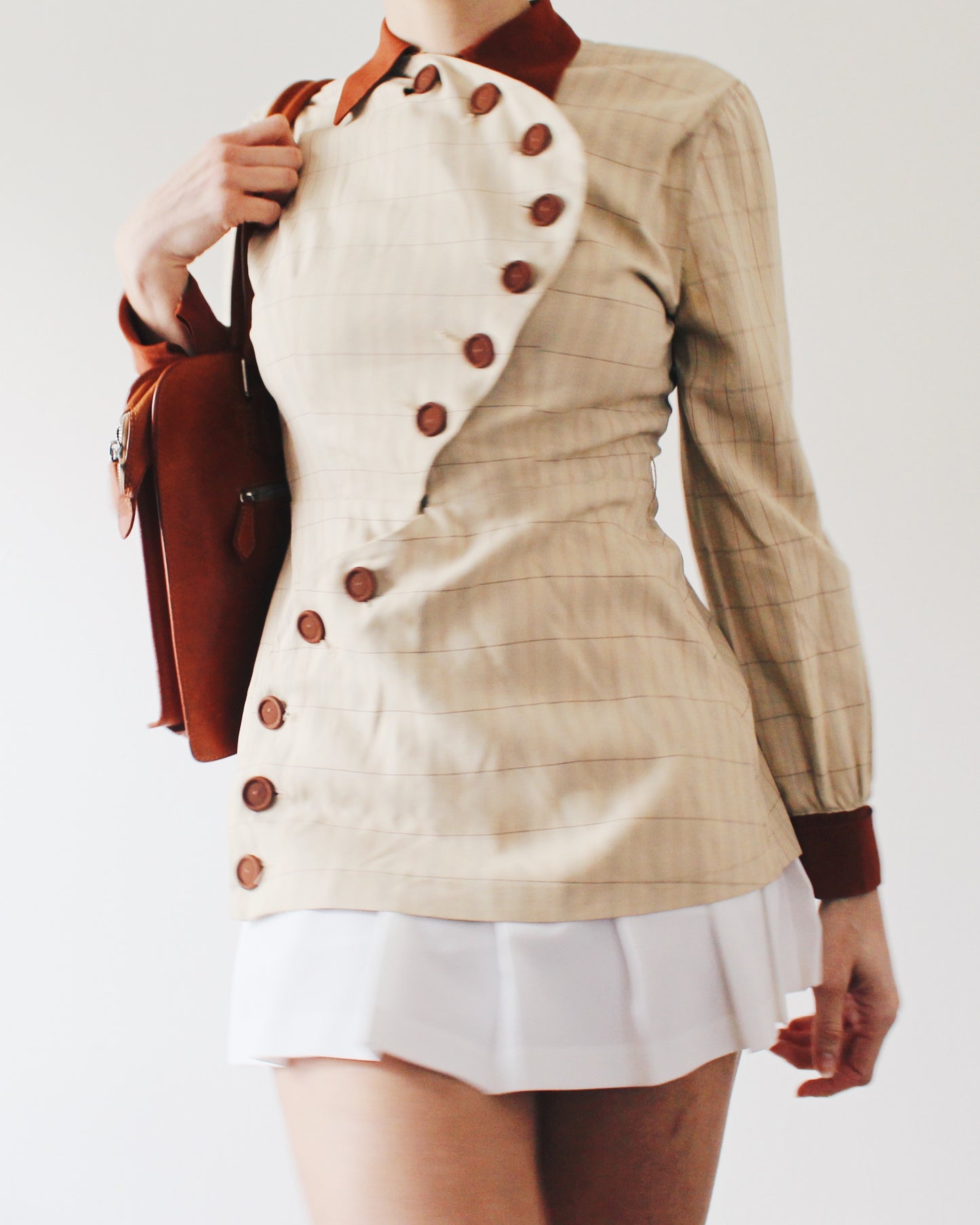 Rare 1970s Vintage Handmade Blouse – Academic Prep School Style, Intellectual Fall Fashion with Stripes & Unique Button Detail
