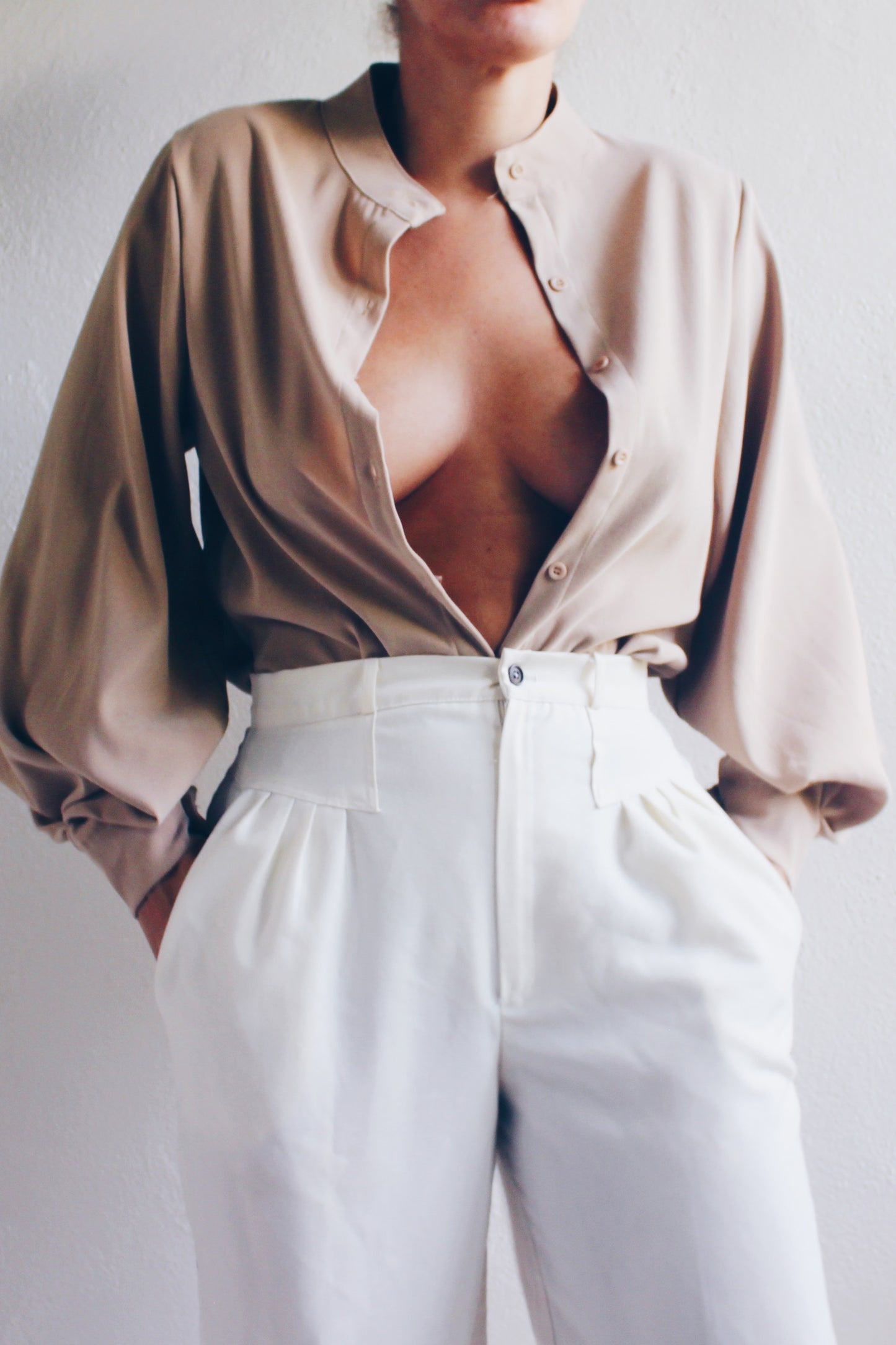 Tan Pleated Sleeve Shirt / Beige Wide Sleeve Tunic