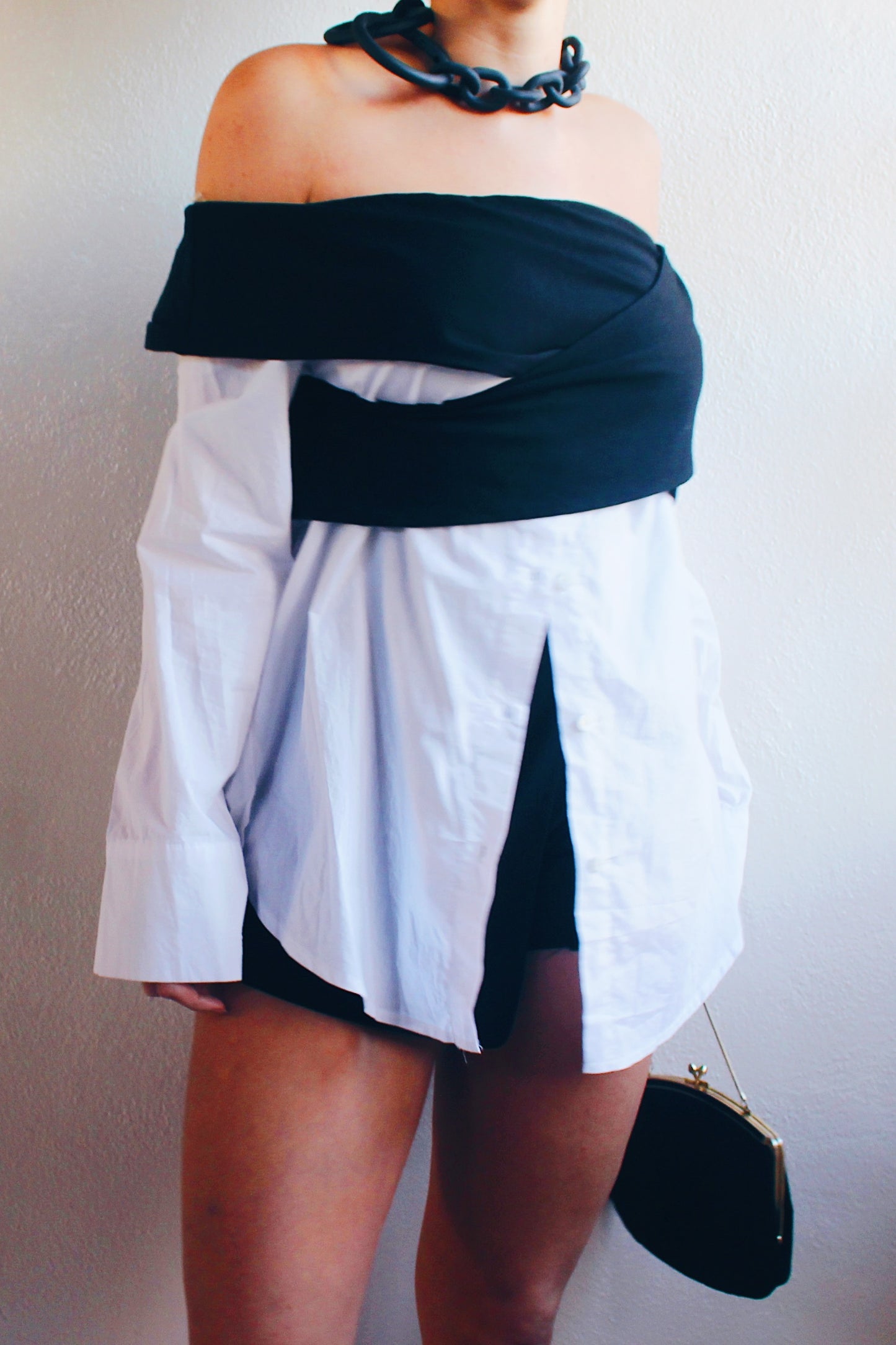 Contemporary Edge: Upcycled White Shirt Dress with Asymmetric Black Bust Wrap