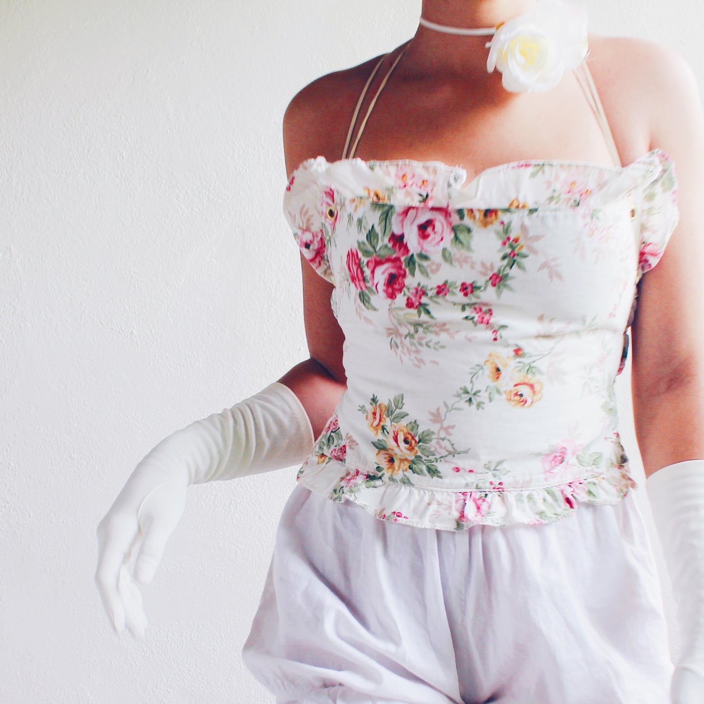 Upcycled Floral Ruffle Crop Top - Vintage Coquette Style with Adjustable Elastic Straps | Perfect for Tea Parties