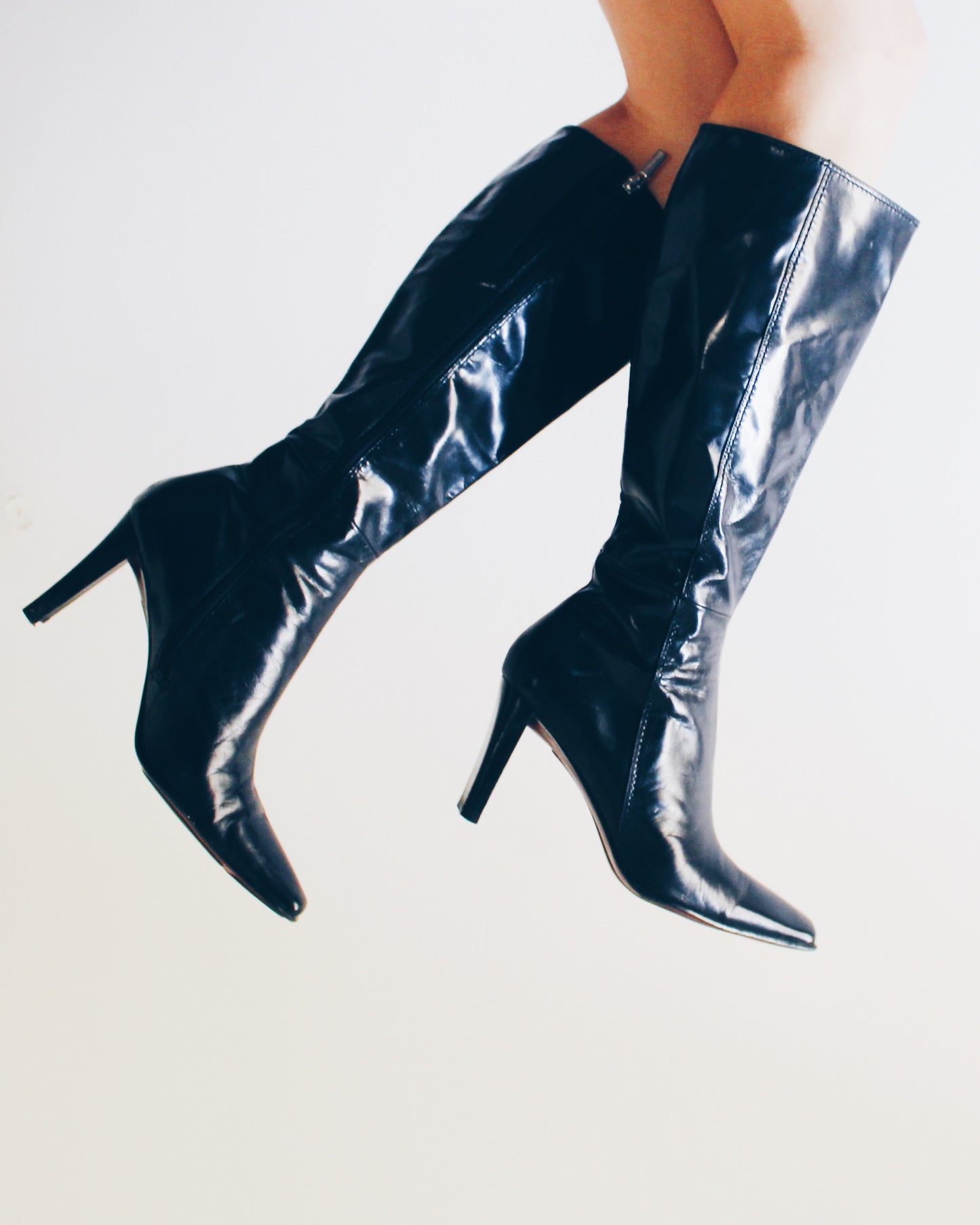 y2k Square Toe: Vintage Black Leather Nine West-Heeled Boots - Calf-Length Librarian Chic Shoes