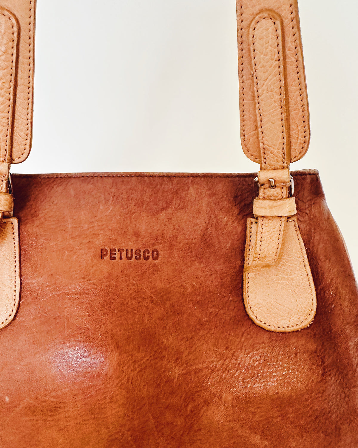 Vintage 90s Petsuco Tan Brown Leather Purse, Wabi Sabi Aged Leather Patina, Classic Retro Handbag, Earthy Neutral Everyday Bag