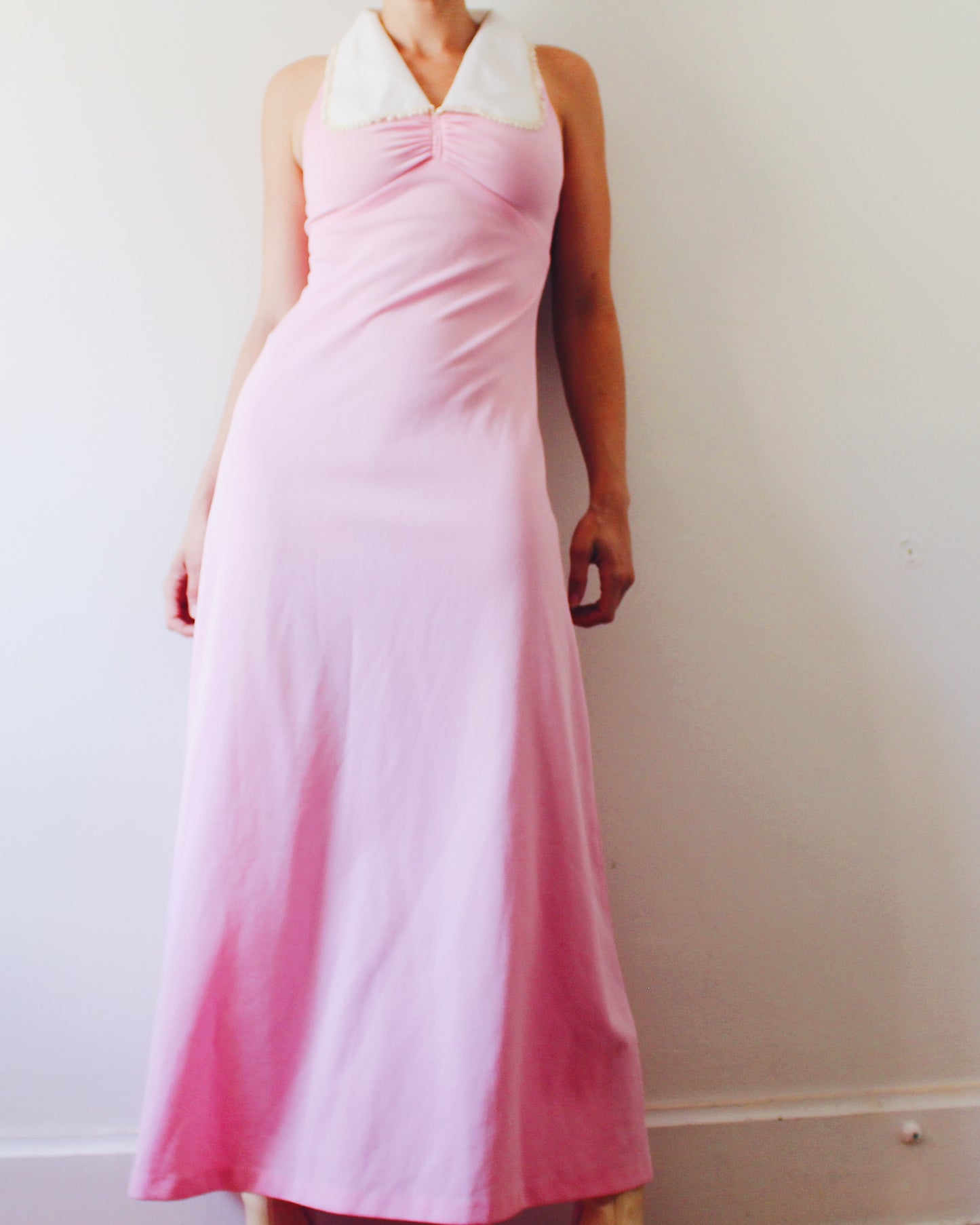 Vintage 1970s Handmade Pink Dress S | Peter Pan Collar Empire Waist | Moonrise Kingdom Wes Anderson Aesthetic | Retro Cottagecore Sleeveless