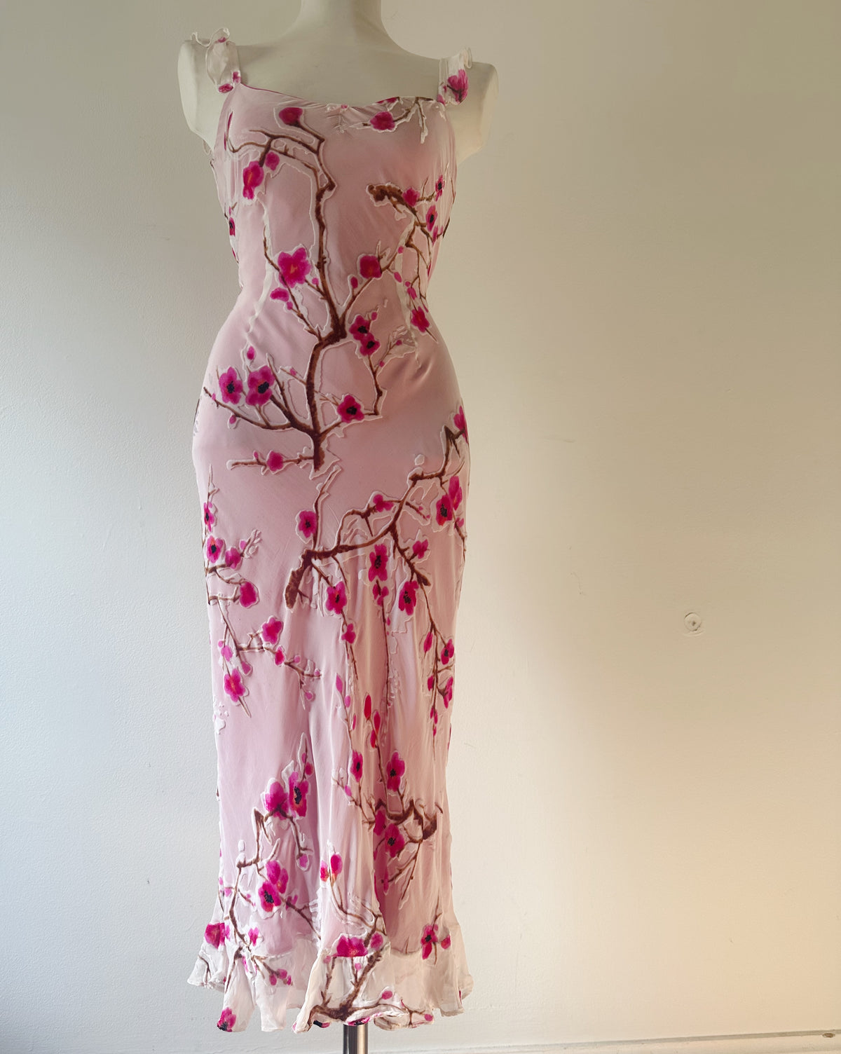 Vintage 90s Monsoon Velvet Burnout Cherry Blossom Slip Dress, Bias Cut Silk Viscose, Magenta Lining, Rare Y2K Dream Dress