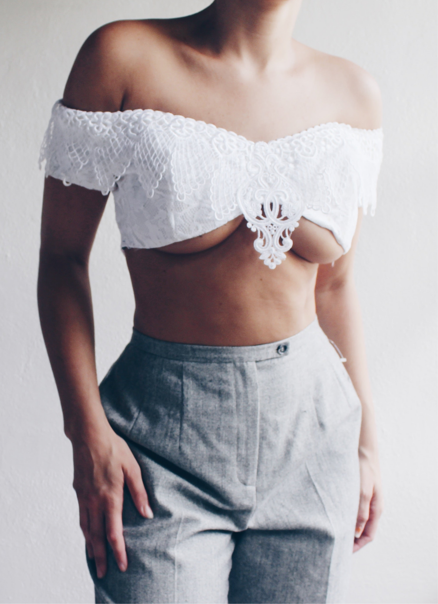 Reworked Vintage Bridal: Off the shoulder Lace Coquette cropped top / McClintock upcycled reversible reimagined dress