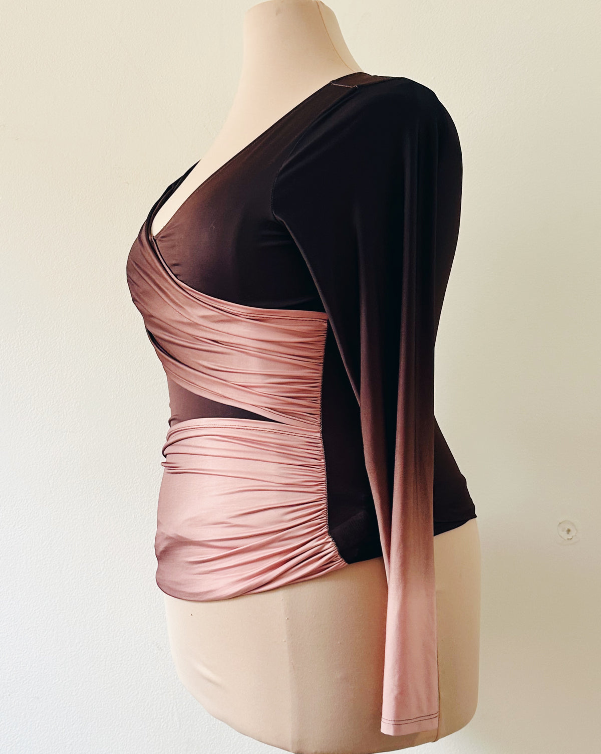 Vintage Y2K Venus Ombre Shirt, Asymmetric Long Sleeve Top, Plum to Peachy Rose Gradient, Layered Diagonal Statement Top
