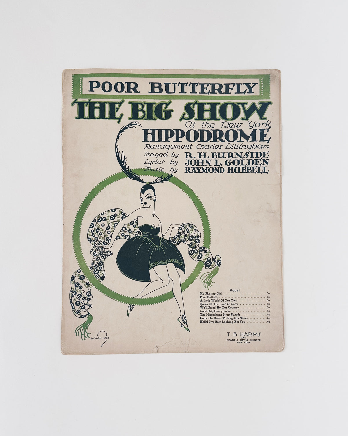 1920s Poor Butterfly Sheet Music, The Big Show at the New York Hippodrome, Vintage Broadway Music, Showgirl Cover Art