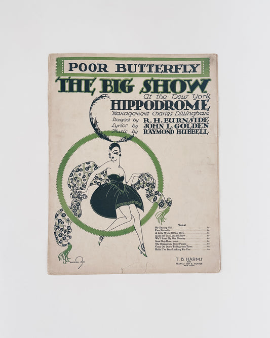 1920s Poor Butterfly Sheet Music, The Big Show at the New York Hippodrome, Vintage Broadway Music, Showgirl Cover Art