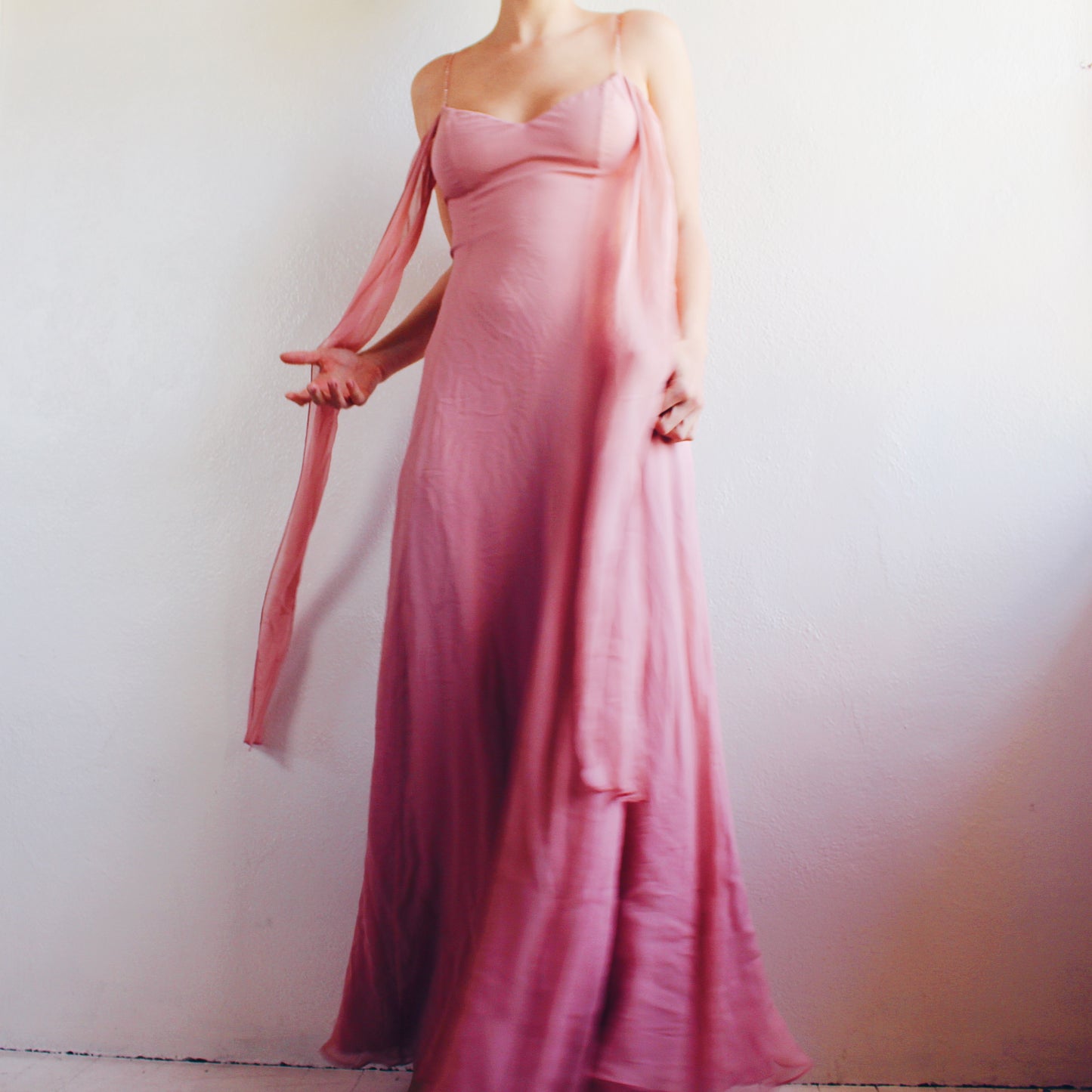 Vintage Y2K Blush Pink Silk Layered Gown | Formal Sheer Evening Dress - Bow Tie Sash Flowing Coquette Dress