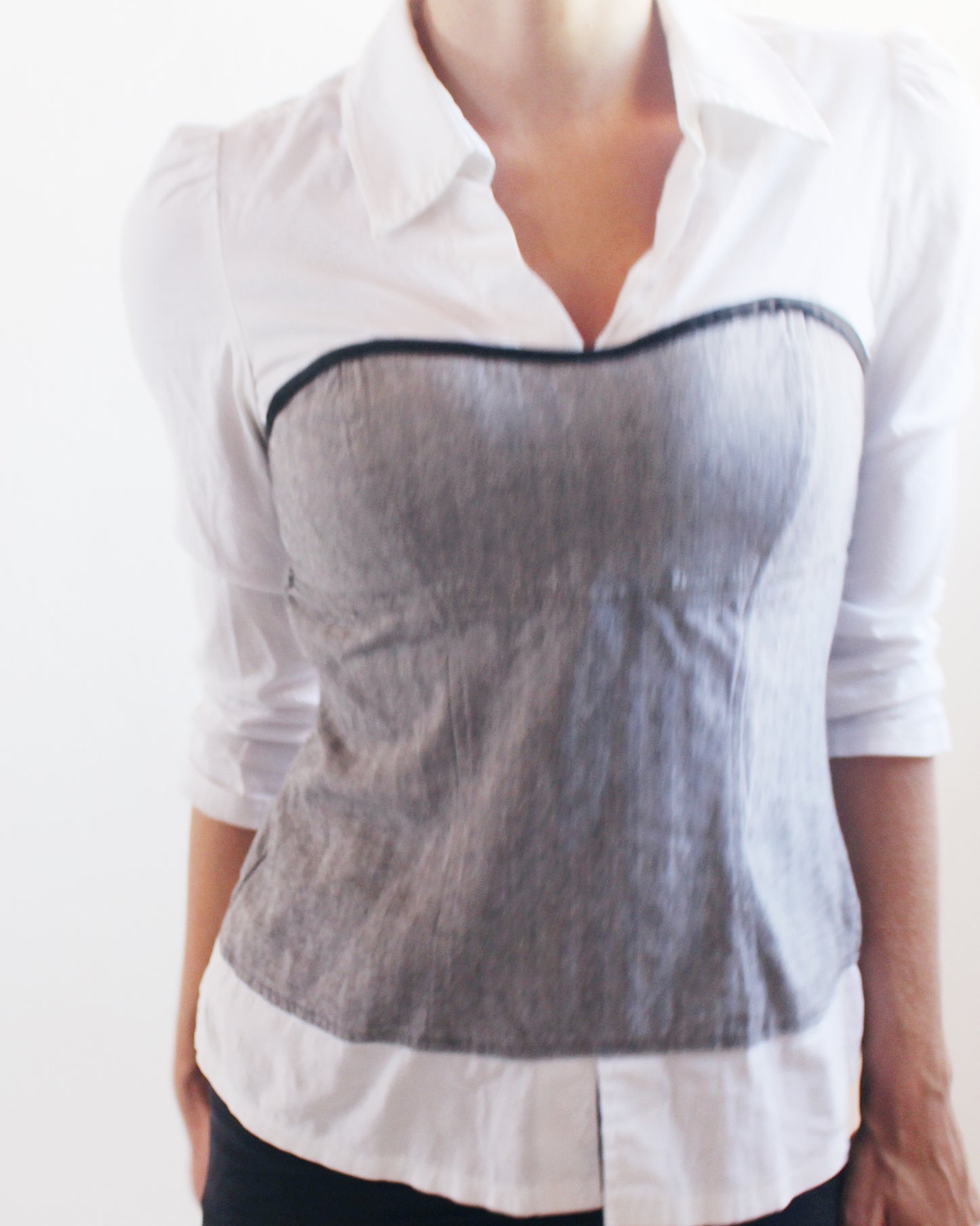 Y2K Office Siren Layered Illusion Blouse | 2000s White Collared Shirt with Grey Tube Overlay | Fitted Stretch Cotton Corporate Chic Top