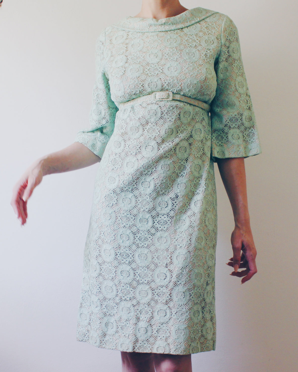Vintage Blakely Fashions Mint Green Lace Dress S | Handmade 60s Mod Shift Dress with Belt | Retro Coquette Bracelet Sleeve Cocktail
