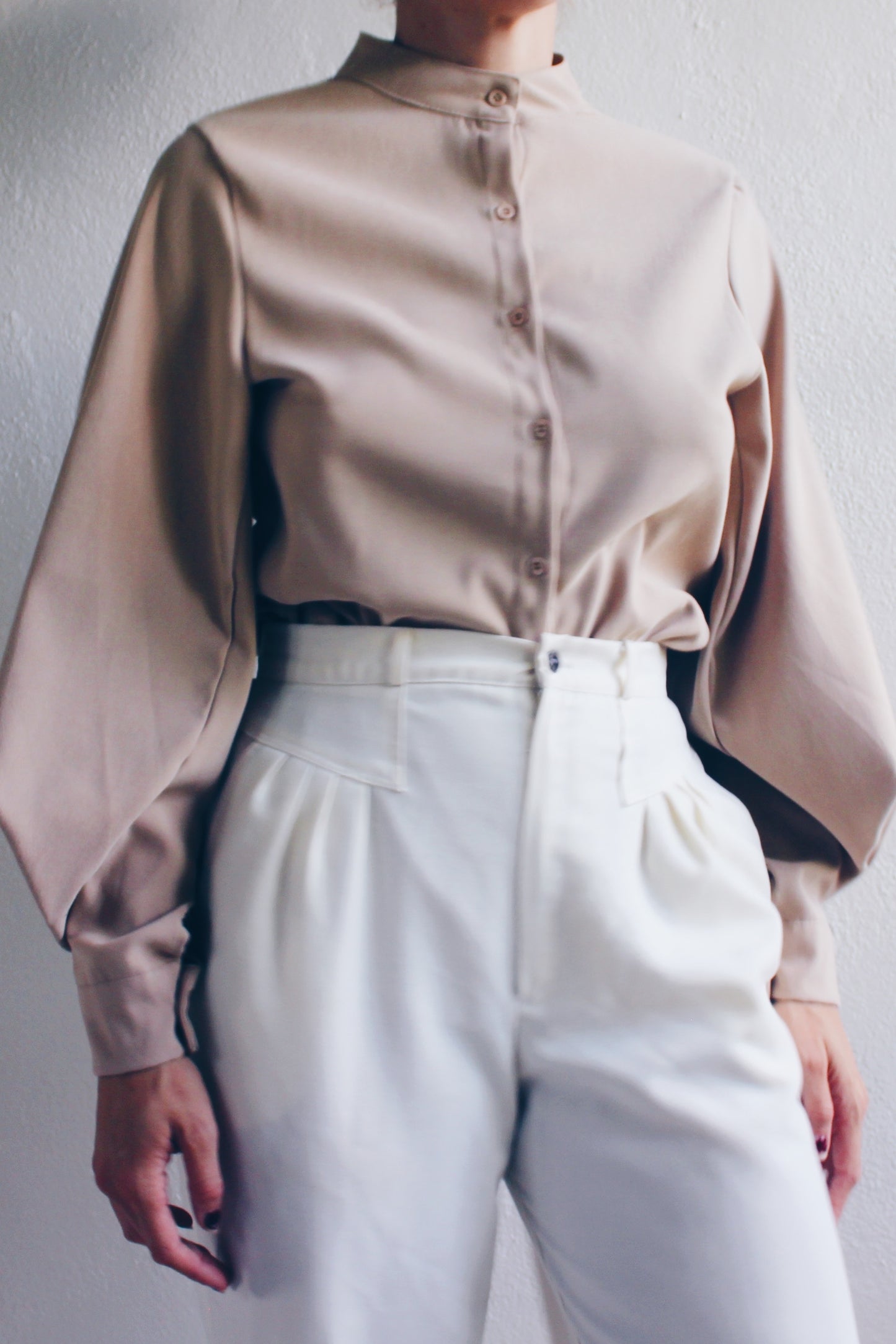 Tan Pleated Sleeve Shirt / Beige Wide Sleeve Tunic