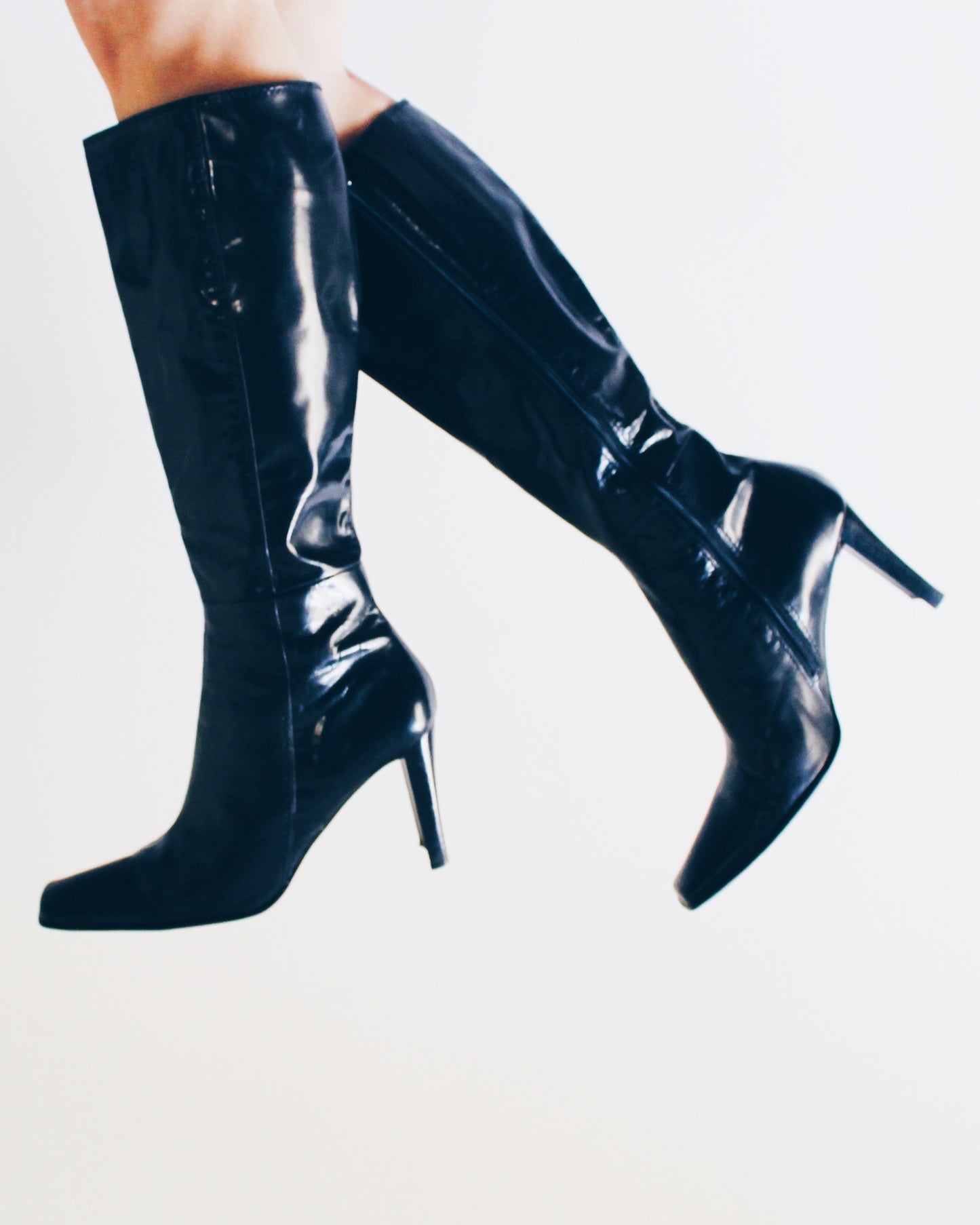 y2k Square Toe: Vintage Black Leather Nine West-Heeled Boots - Calf-Length Librarian Chic Shoes