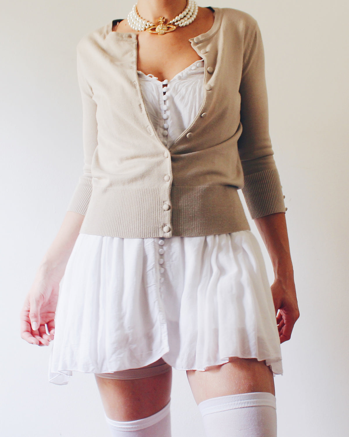 Audrey and Grace Beige Button Up Cardigan, Preppy Minimalist Academic Style, Neutral Layering Piece, Dark Academia