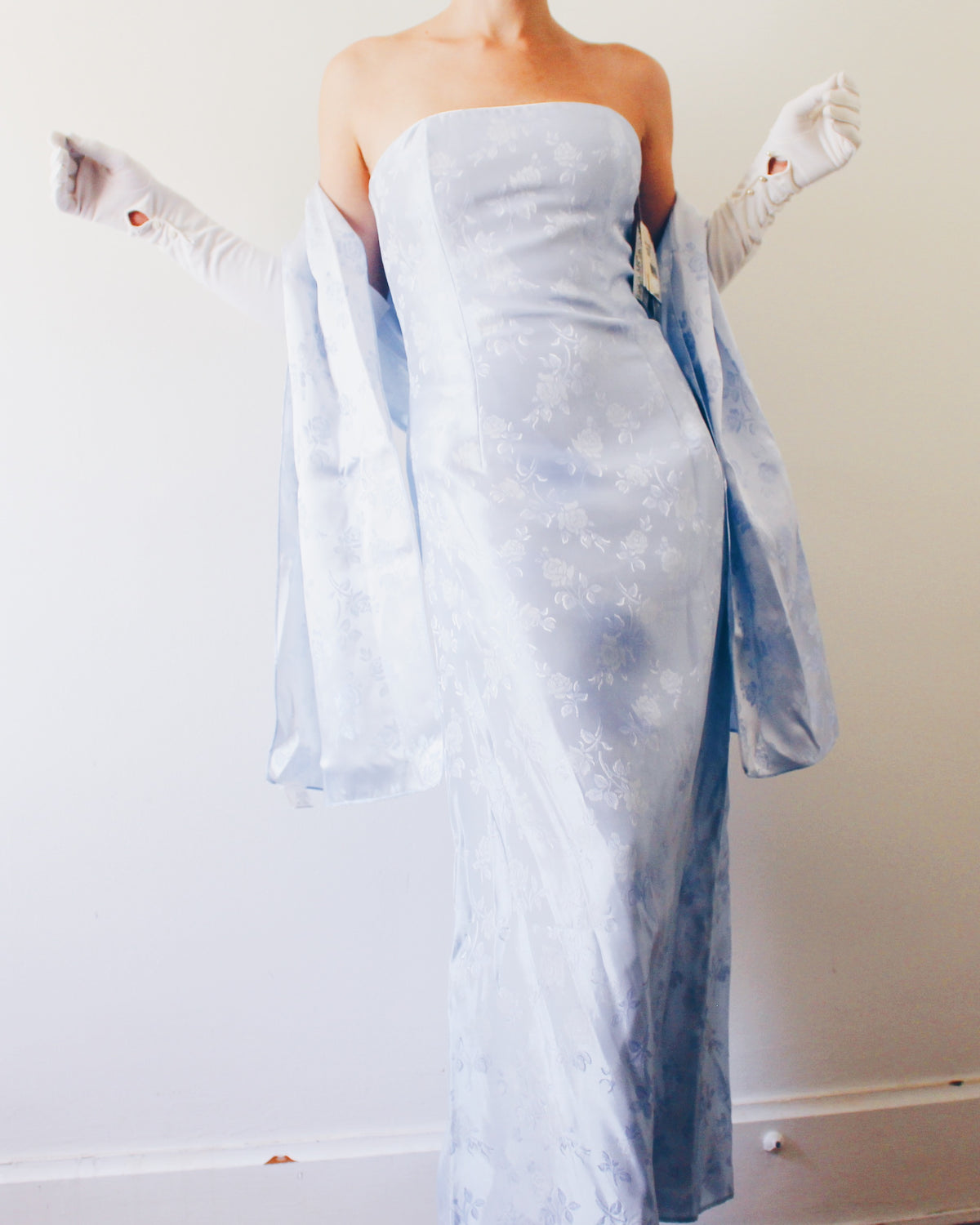Deadstock Vintage Y2K Jessica McClintock Ice Blue Floral Formal Gown with Matching Wrap, Sleeveless Prom Dress