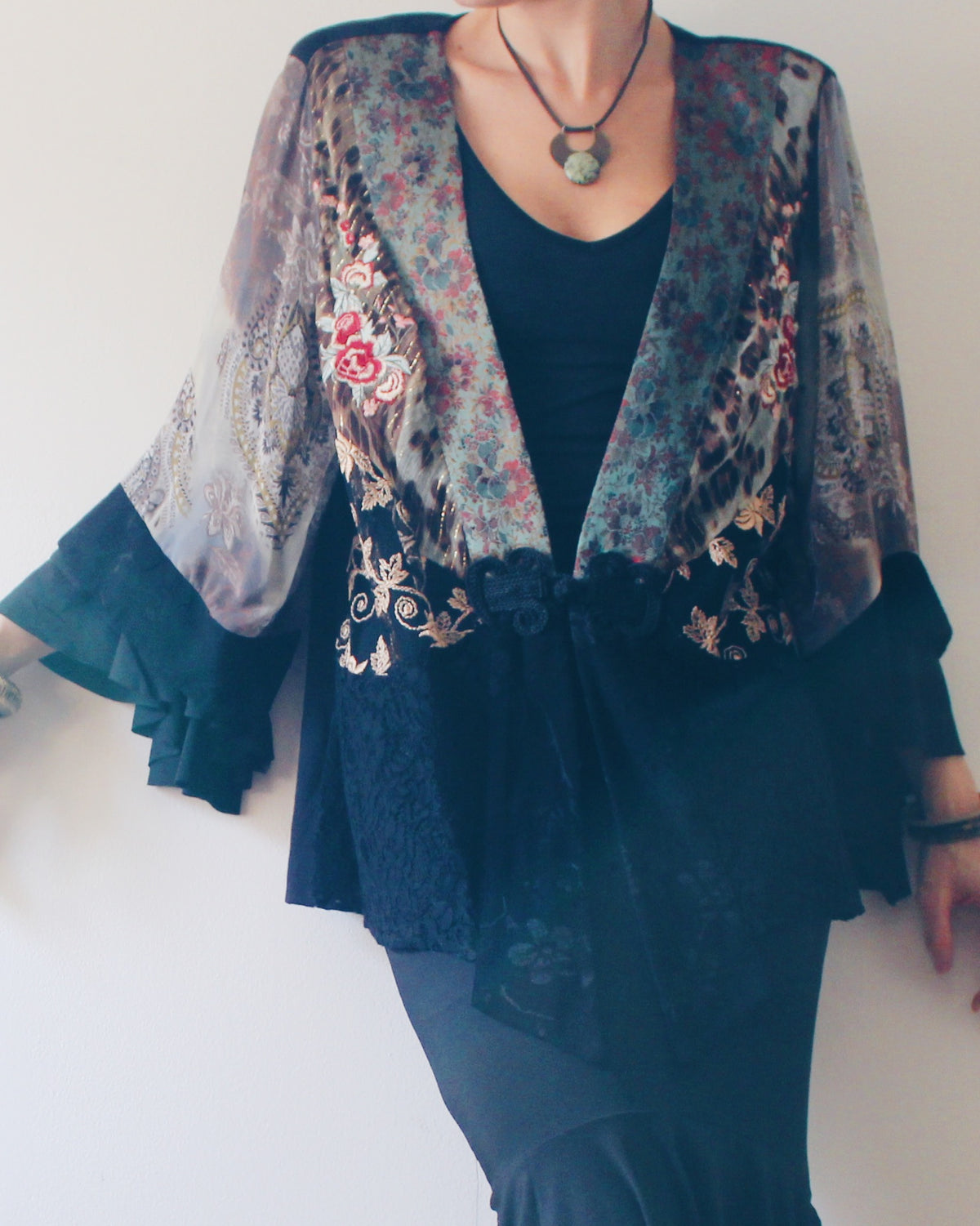 Vintage 90s Spencer Alexis Whimsygoth Patchwork Kimono Sleeve Jacket Robe, East Asian Textile Print, Chinese Frog Button Closure