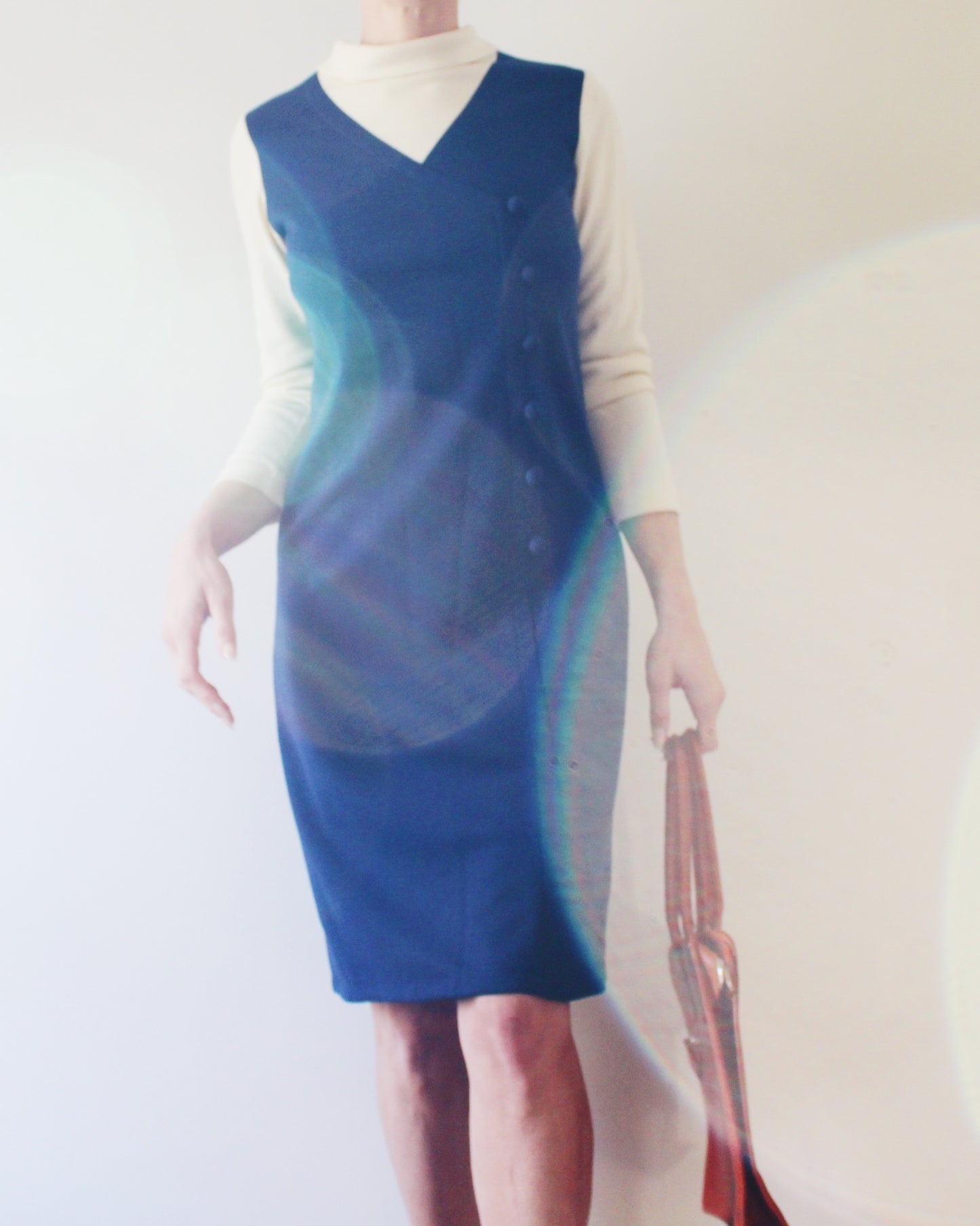 Vintage 1970s Navy & Ivory Pinafore Dress – Mod Knit Minimalist Academic Style
