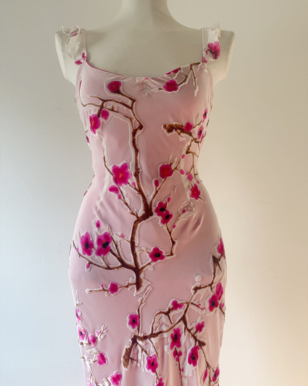 Vintage 90s Monsoon Velvet Burnout Cherry Blossom Slip Dress, Bias Cut Silk Viscose, Magenta Lining, Rare Y2K Dream Dress