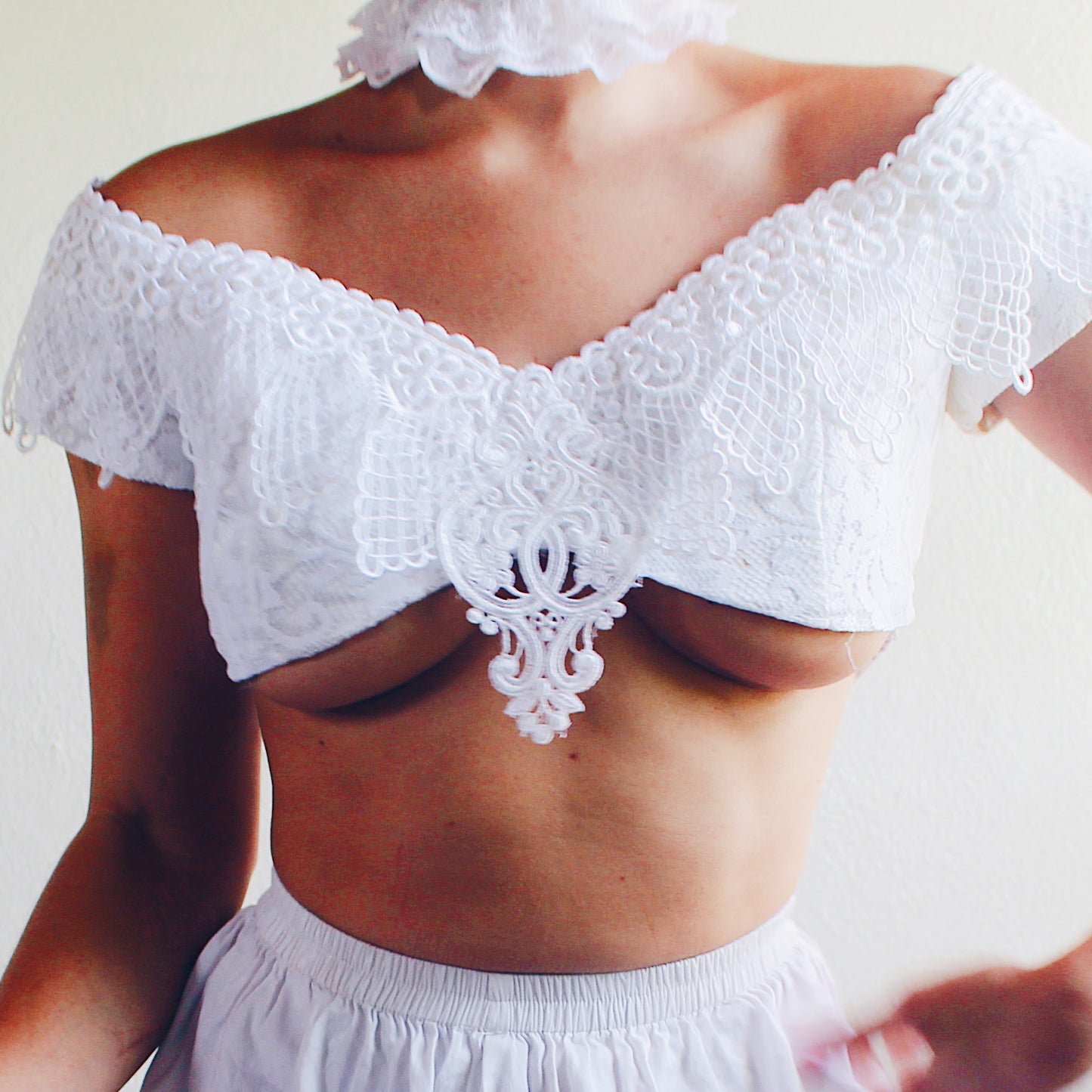 Reworked Vintage Bridal: Off the shoulder Lace Coquette cropped top / McClintock upcycled reversible reimagined dress