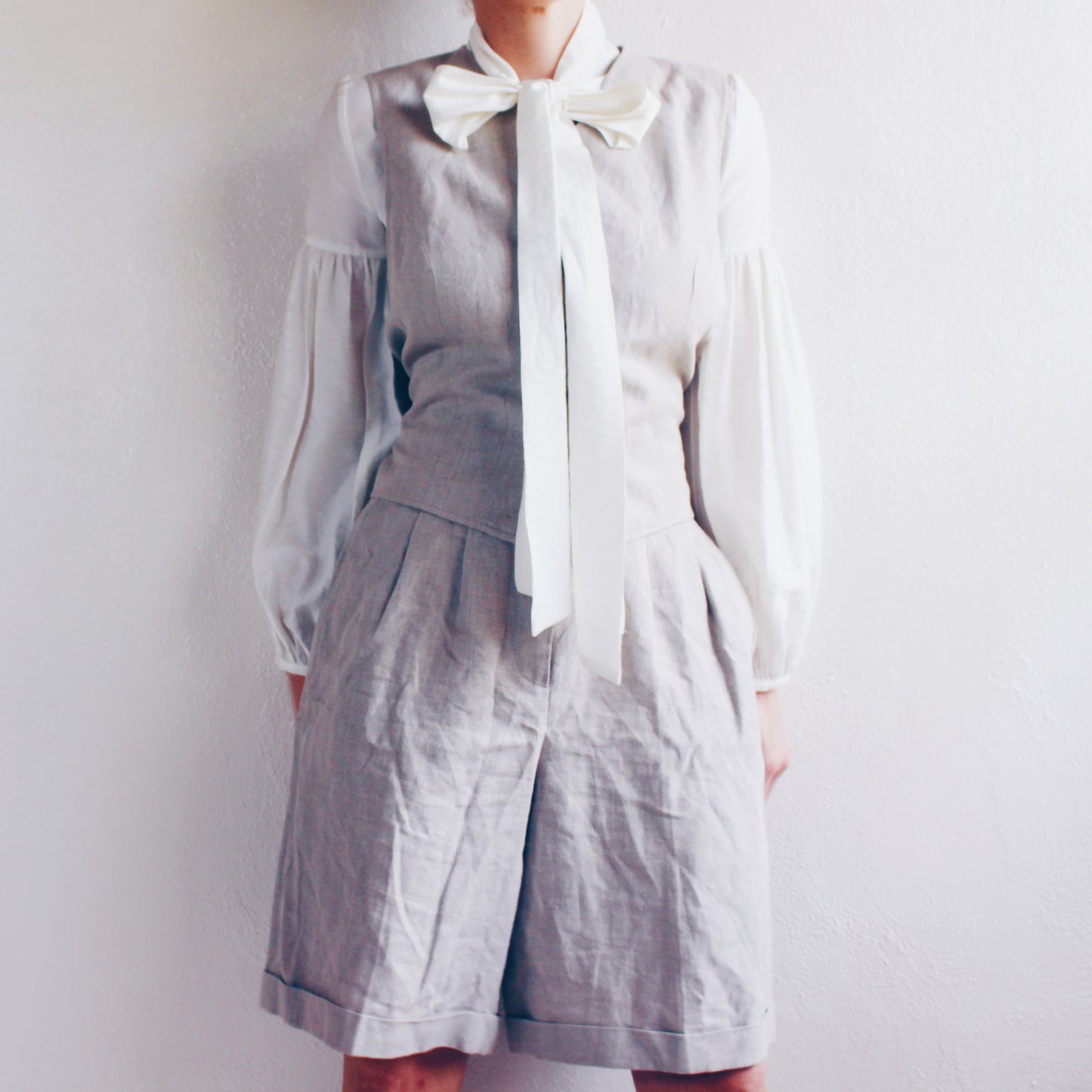 Vintage Beige Linen Pleated Shorts and Vest Set - Academic 90s Minimalism