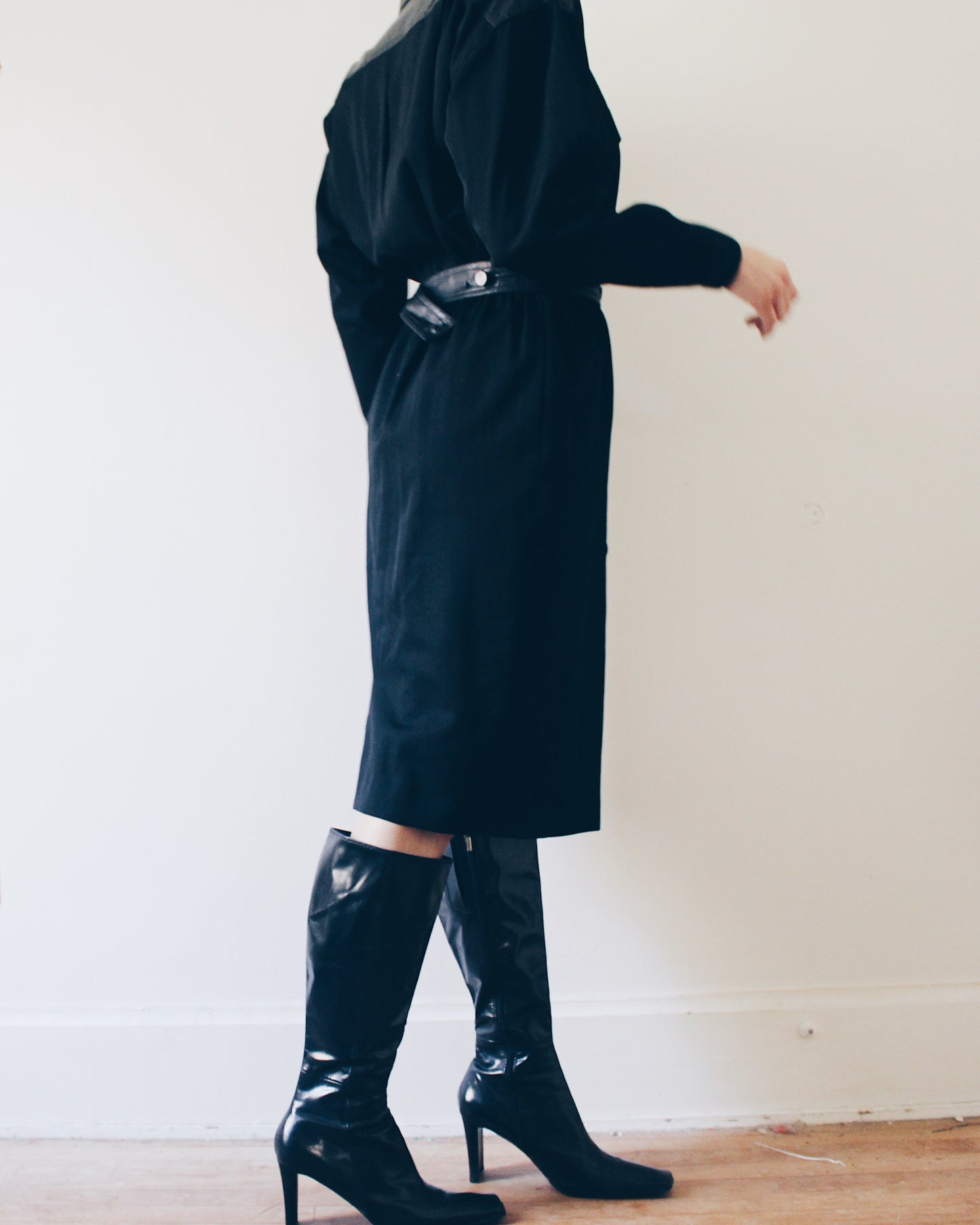 Vintage Rickie Freeman for Terijon Black Wool Trench Coat – 90s Leather Patch & Tie Waist, Minimalist Outerwear