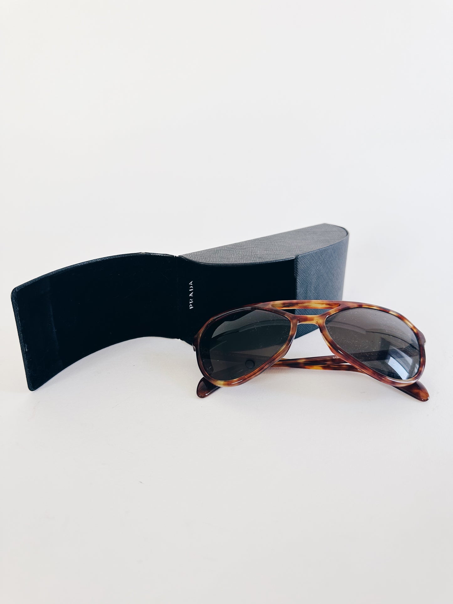 Vintage Prada Tortoise Shell Sunglasses – 70s Inspired Brown Designer Shades with Leather Case