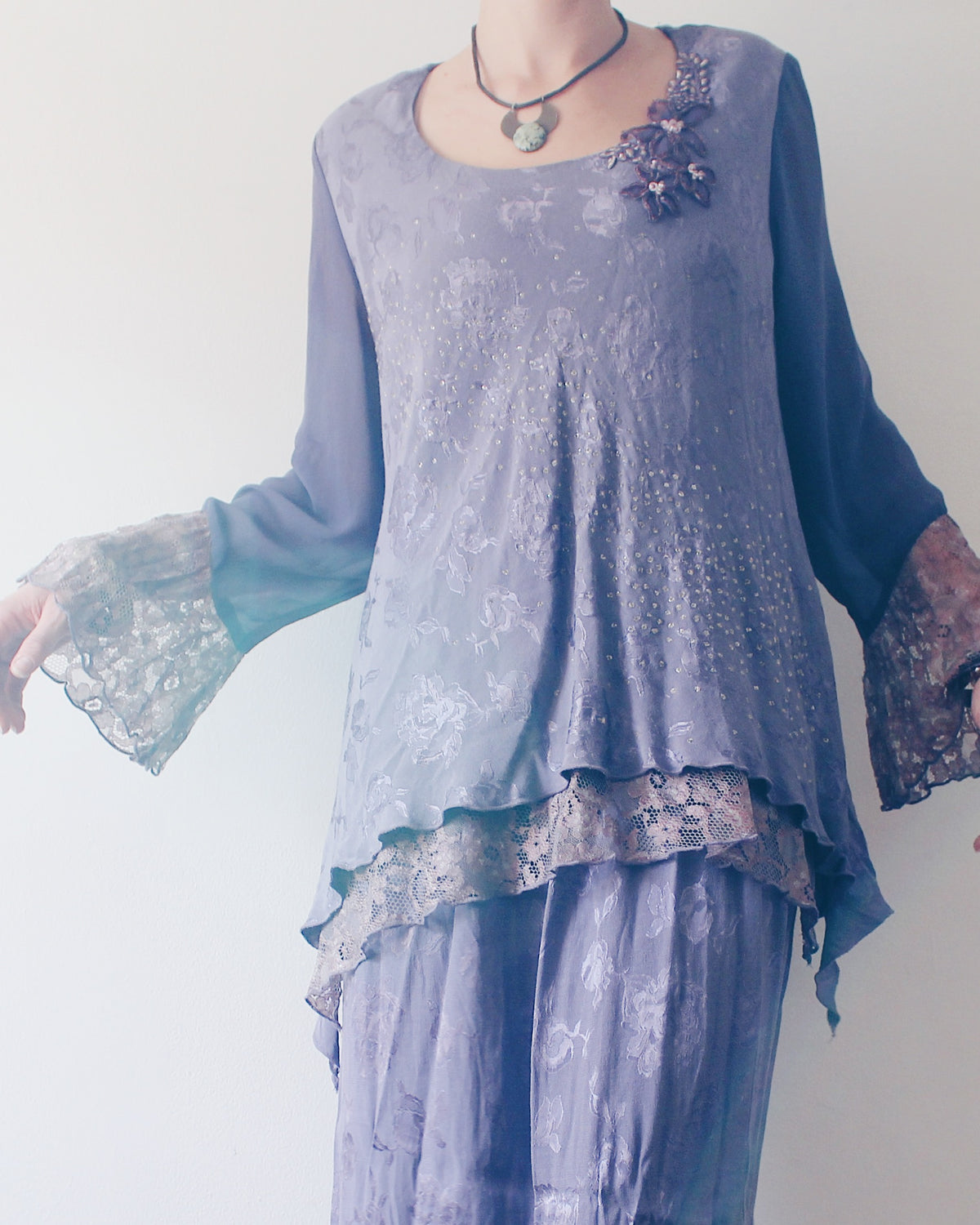 Vintage 90s Spencer Alexis Whimsygoth Two Piece Set, Dusty Purple Lilac Layered Midi Skirt and Embroidered Ruffle Sleeve Top