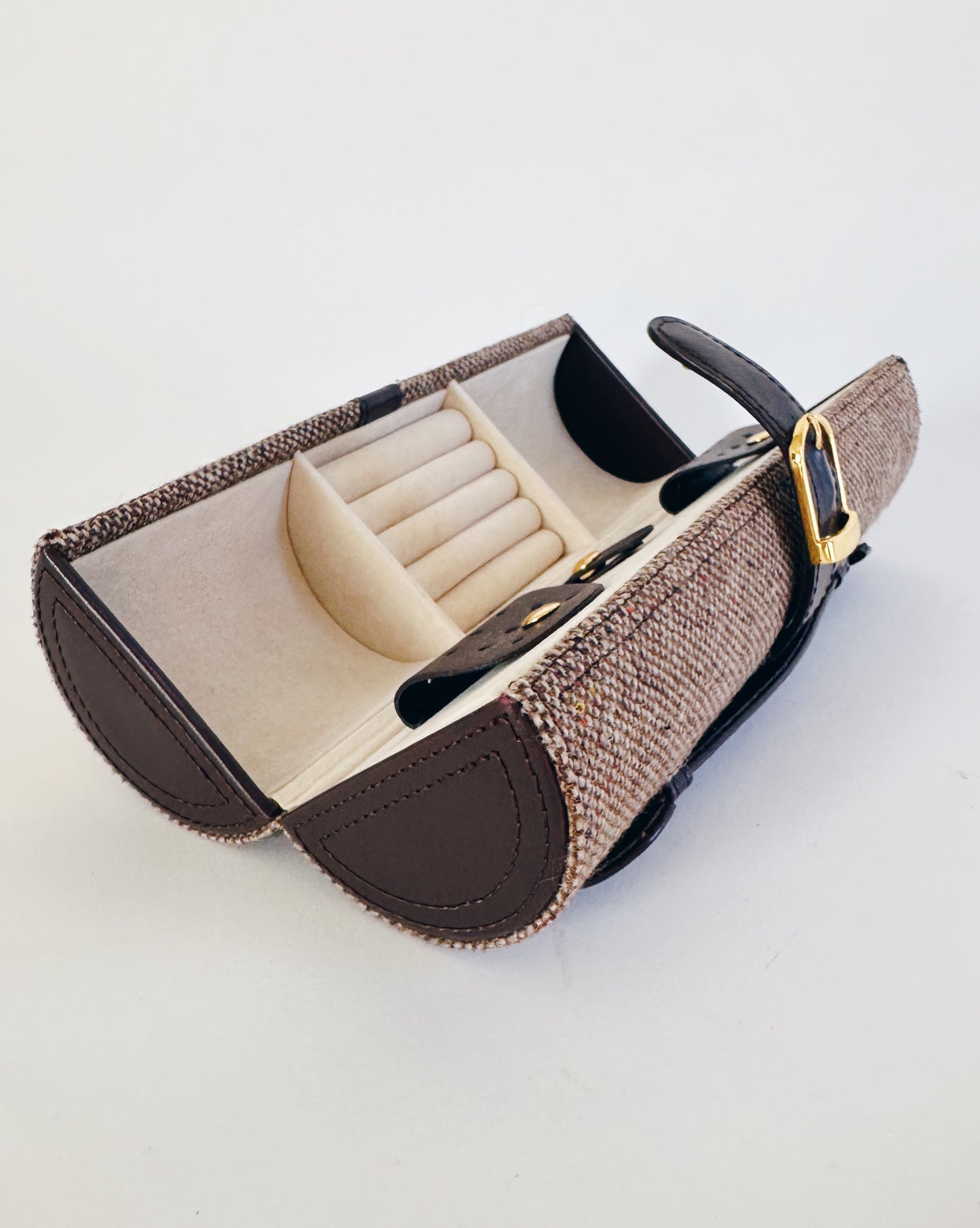 Vintage Brown Tweed Jewelry Travel Case – Mini Train Case Style Organizer | Vanity Storage Bag