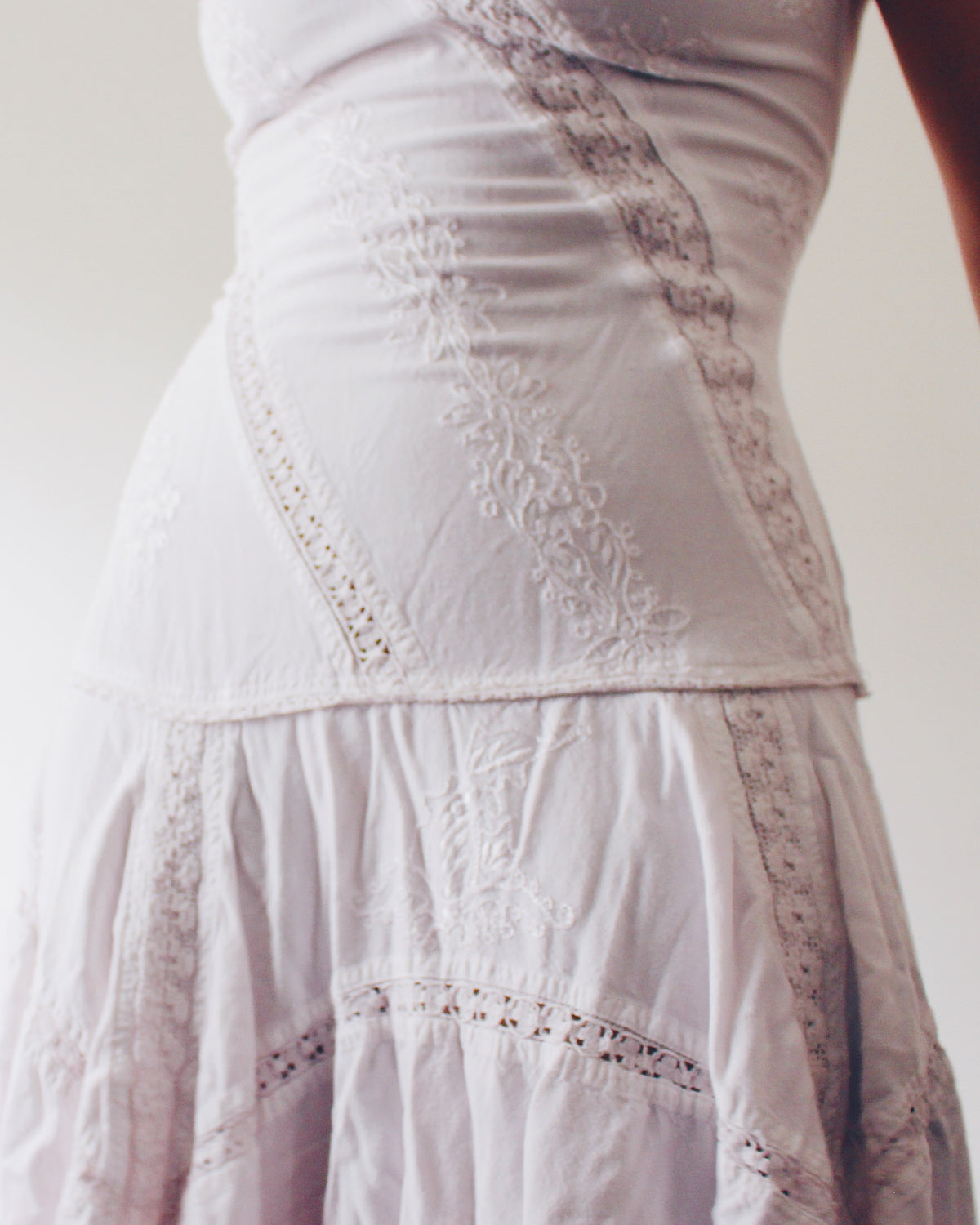 Vintage 90s Coline Whimsygoth Dress, Off White Cotton Floral Embroidered Lace Patchwork, Drop Waist Hippie Boho Dress