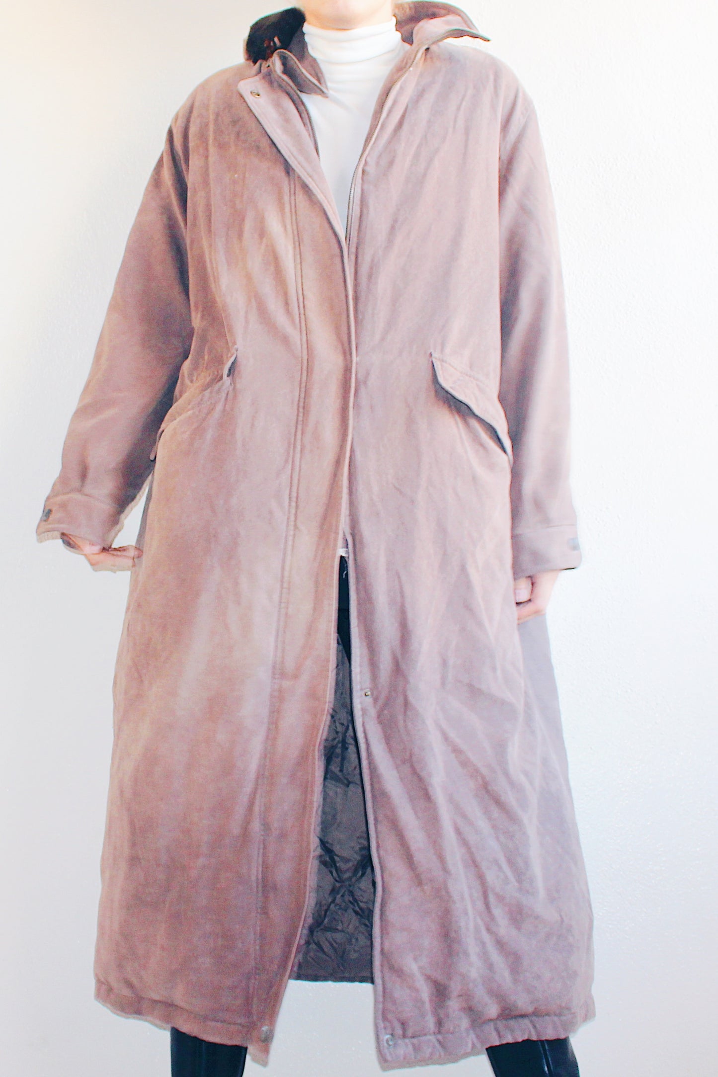 Timeless Elegance: 1980s Chic Long Brown Winter Coat with Faux Fur Hood