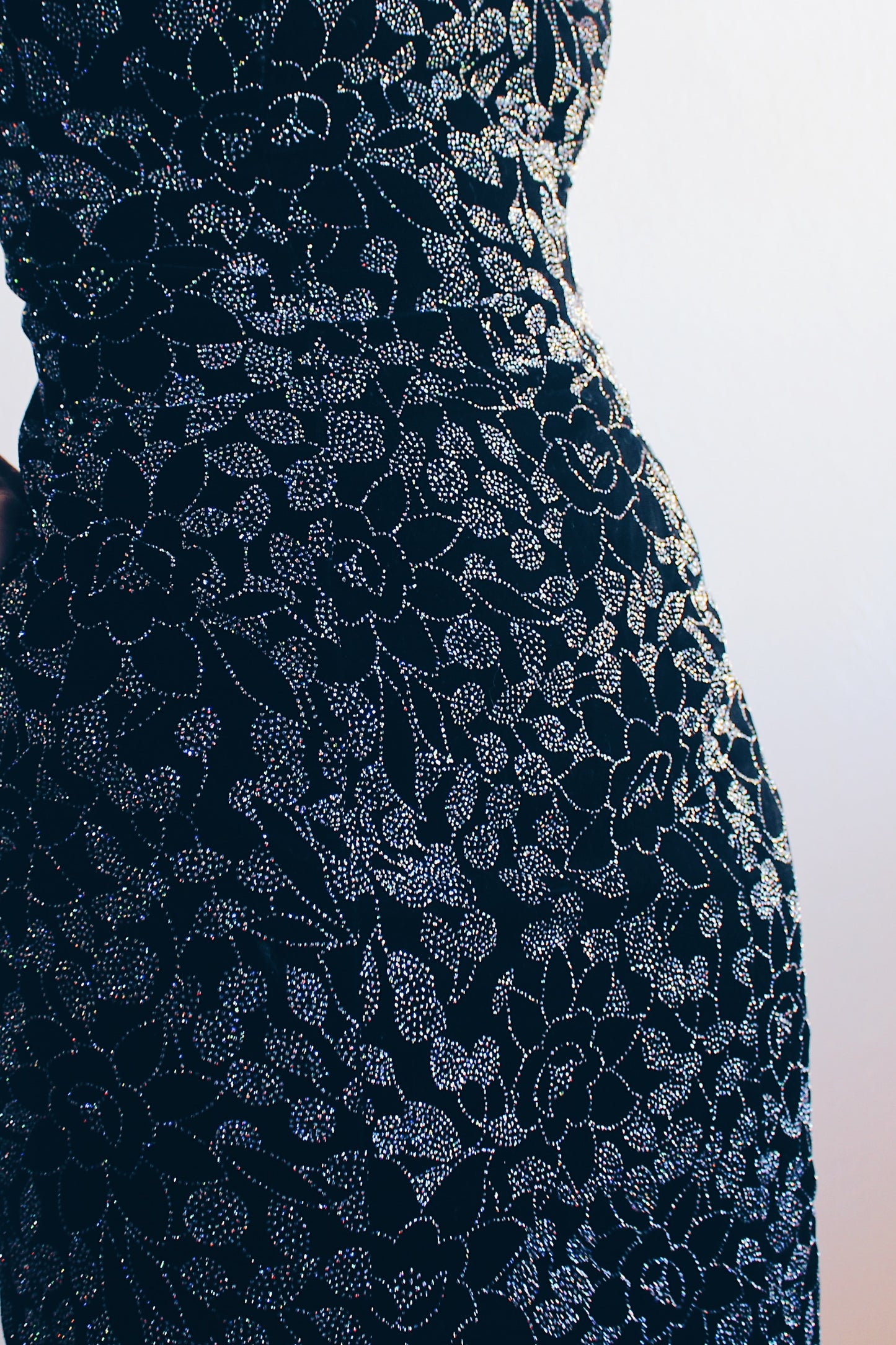 NYE Glamour: Black Velvet Glittery Mini Dress with Shimmery Flowers