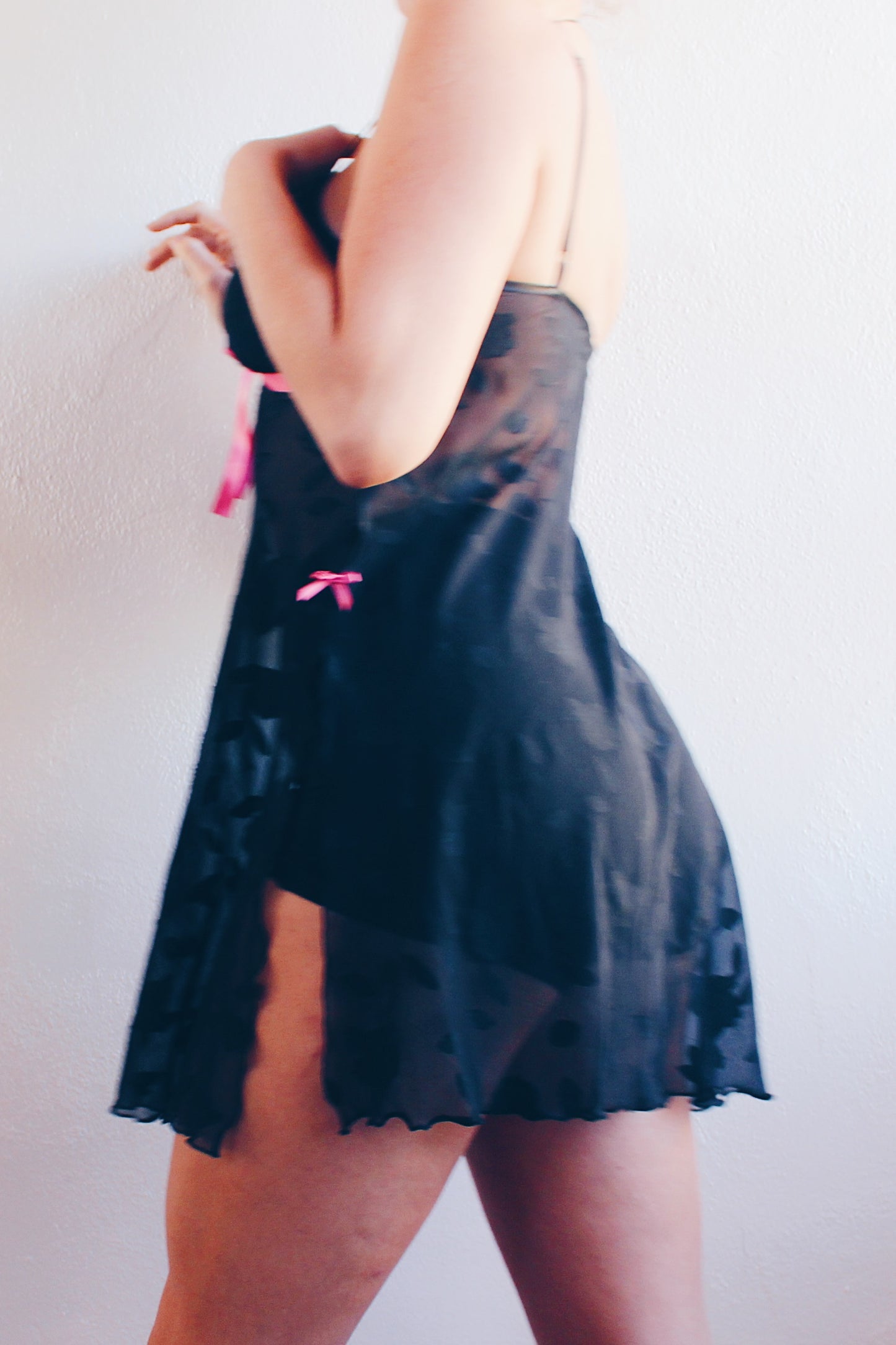 Vintage Romance: Black Sheer Babydoll Slip with Ribbon Bows