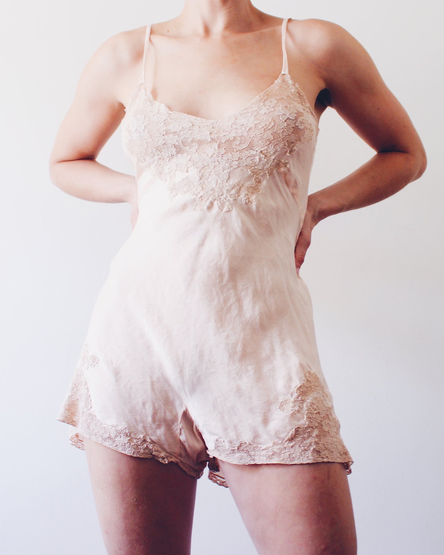 1930s Antique Silk Lingerie Romper | Vintage Lace Teddy Camiknickers | Peach Pink Soft Goth Boudoir Wear | Art Deco Silk Underwear Size S
