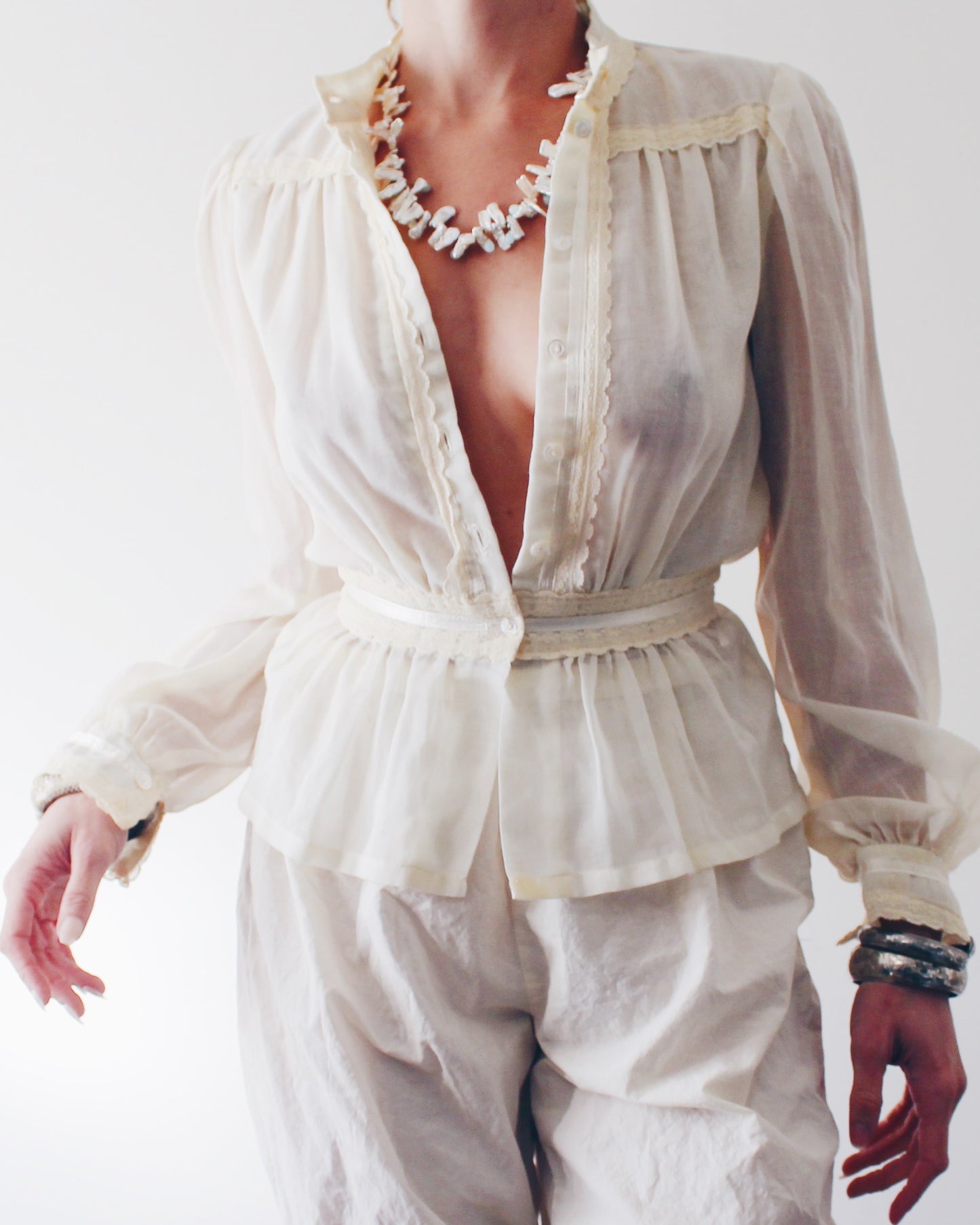 Vintage Gunne Sax Peplum Blouse – Cream Lace Boho Top 100% Cotton Prairie Cottagecore
