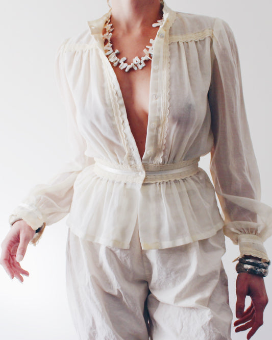 Vintage Gunne Sax Peplum Blouse – Cream Lace Boho Top 100% Cotton Prairie Cottagecore