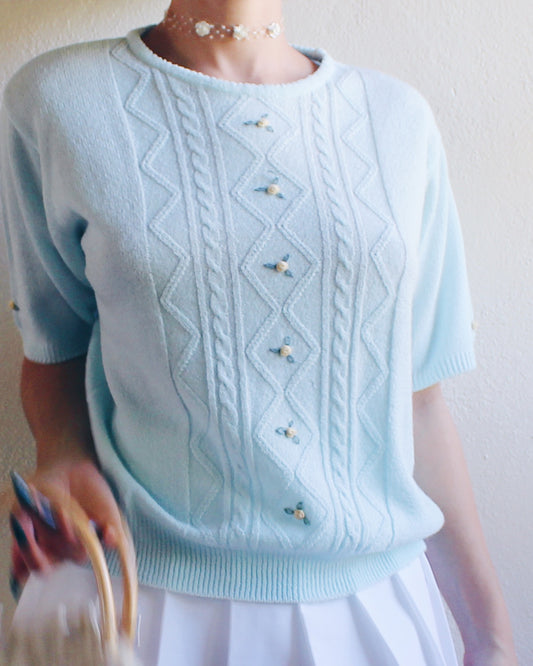 Vintage 1980s Light Blue Knit Sweater with Cream Roses - Kawaii Coquette Grandma-core style