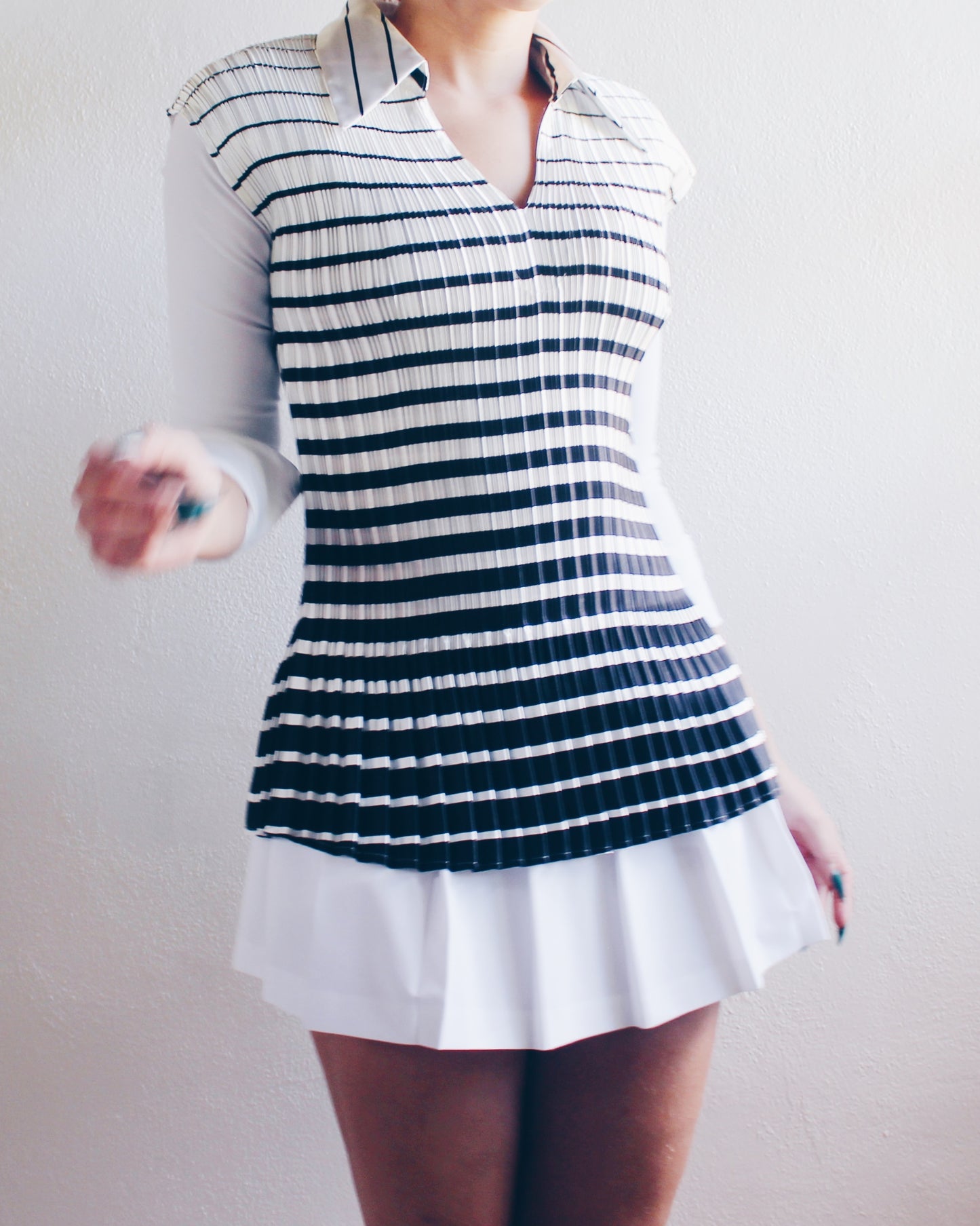 Striped Black and White Pleated Shirt with Collar – Micro Pleats Inspired by Issey Miyake | Chic Office Wear
