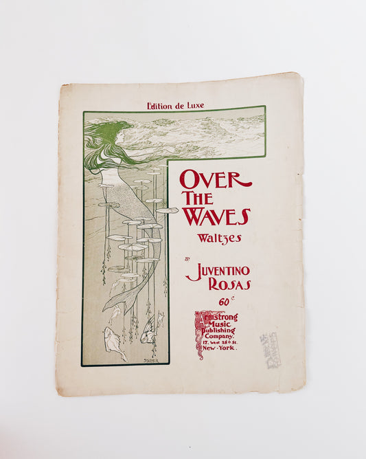 Antique Sheet Music "Over the Waves Waltzes" | Art Deco Mermaid Wall Art | Vintage Coastal Lily Pad Decor
