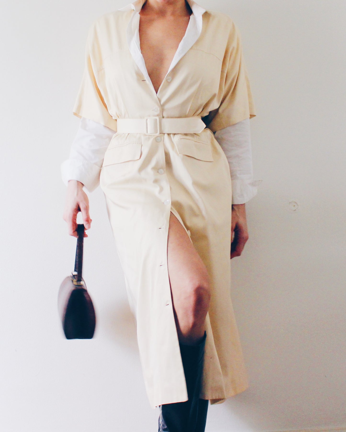 Vintage 90s Silk Trench‑Style Short Sleeve Dress – Cream Belted Waist, Professional Chic Maxi Dress