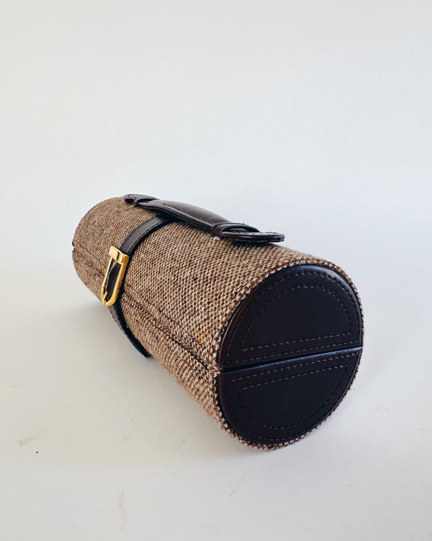 Vintage Brown Tweed Jewelry Travel Case – Mini Train Case Style Organizer | Vanity Storage Bag